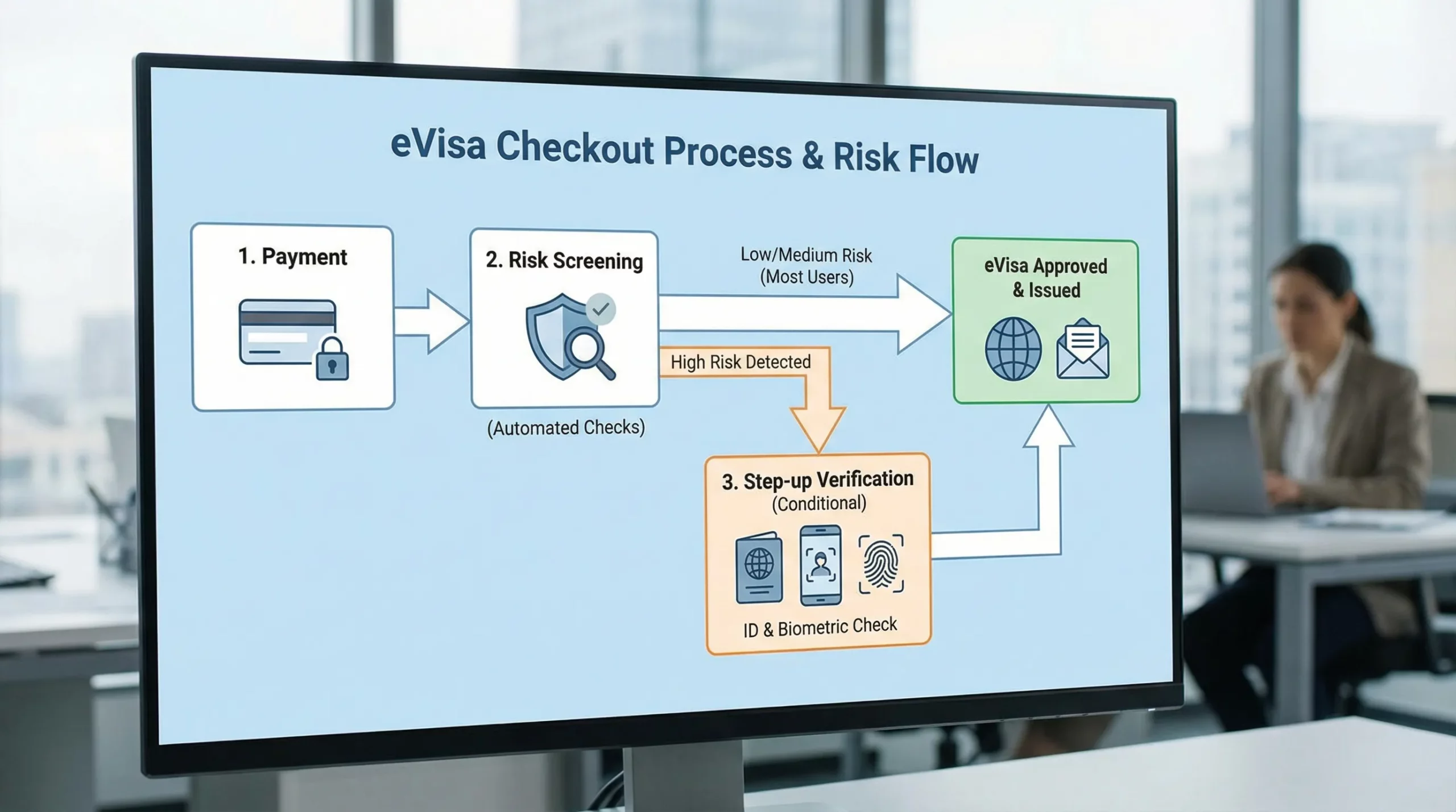 A simple flow diagram showing an eVisa checkout with three stages: payment, risk screening, and step-up verification only when risk is high. The diagram includes icons for card payment, a shield for screening, and an ID check as an optional step-up, with arrows showing most users passing without extra checks.