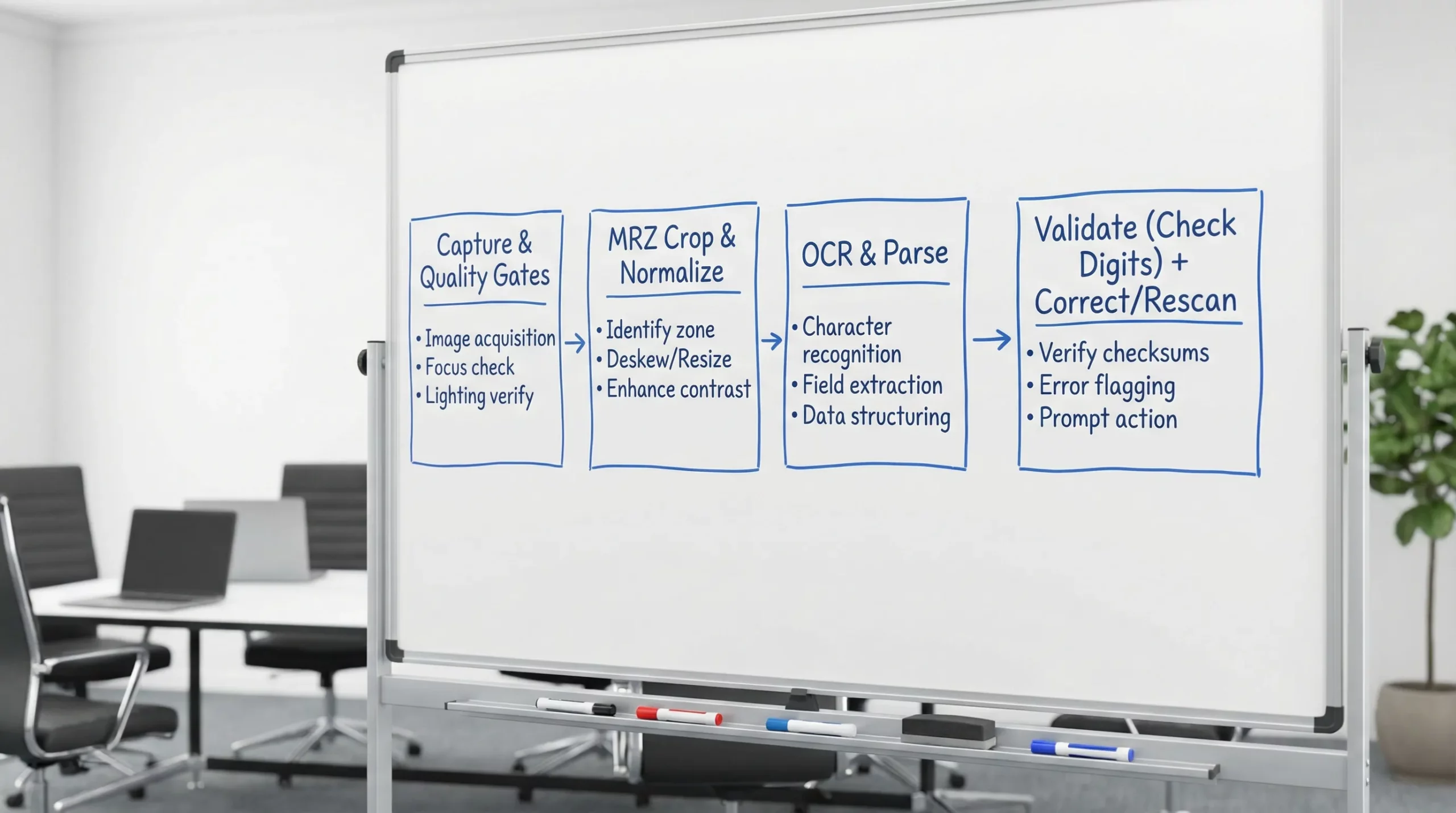 A simple flow diagram showing four boxes connected left to right: “Capture & Quality Gates”, “MRZ Crop & Normalize”, “OCR & Parse”, “Validate (Check Digits) + Correct/Rescan”. Each box contains 2-3 brief bullet-like labels indicating the main actions.