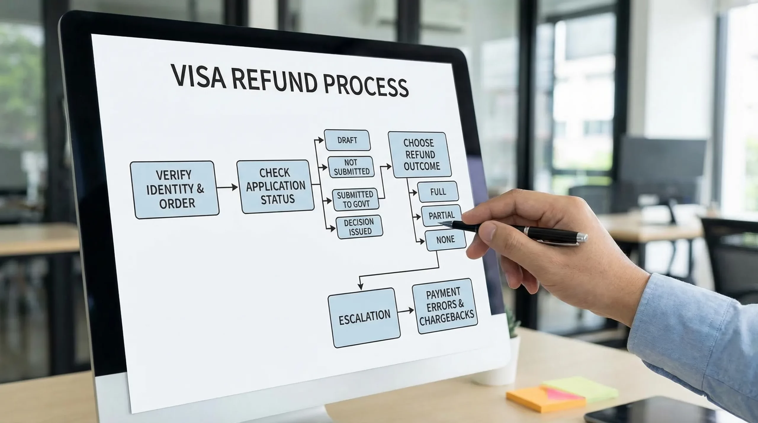 A simple flowchart showing a customer support agent handling a visa refund request: verify identity and order, check application status (draft, not submitted, submitted to government, decision issued), then choose refund outcome (full, partial, none) with an escalation branch for payment errors and chargebacks.