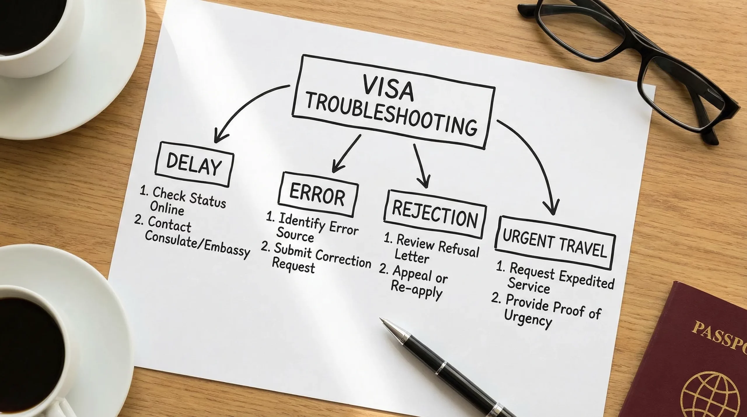 A simple flowchart showing travel visa troubleshooting: choose between Delay, Error, Rejection, and Urgent travel, with each branch listing the first 2 actions to take.
