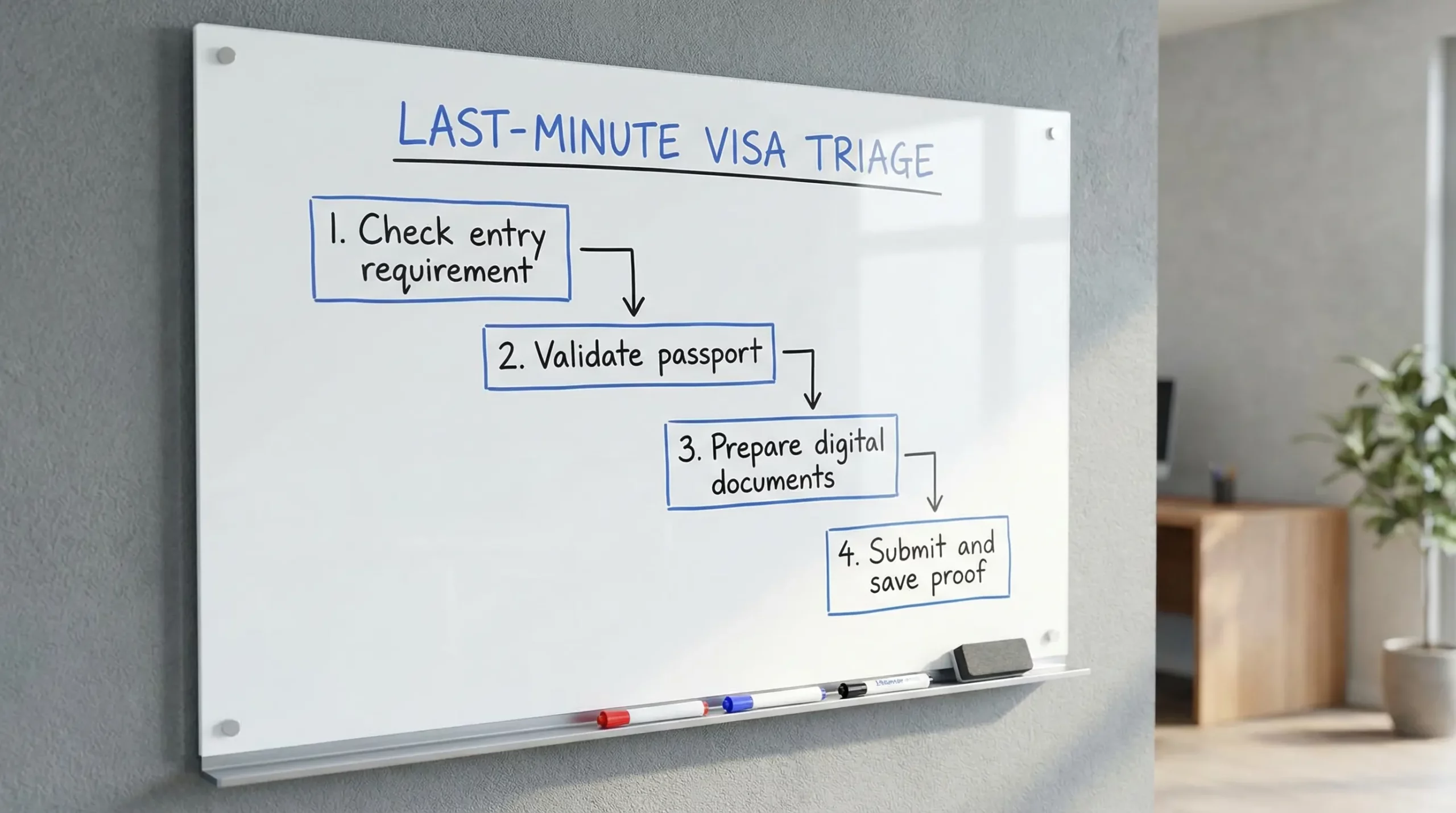 A simple four-step flowchart showing last-minute visa triage: Check entry requirement, Validate passport, Prepare digital documents, Submit and save proof. The diagram is clean and easy to read.