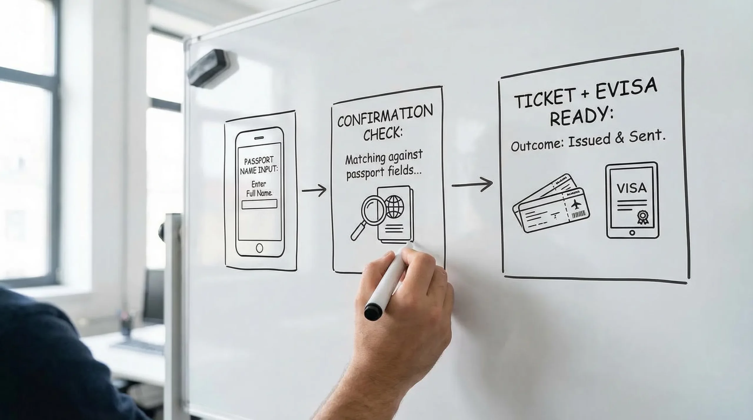 A simple illustration of a travel booking flow showing a passport name input step, a confirmation check against passport fields, and a final “Ticket + eVisa ready” outcome.