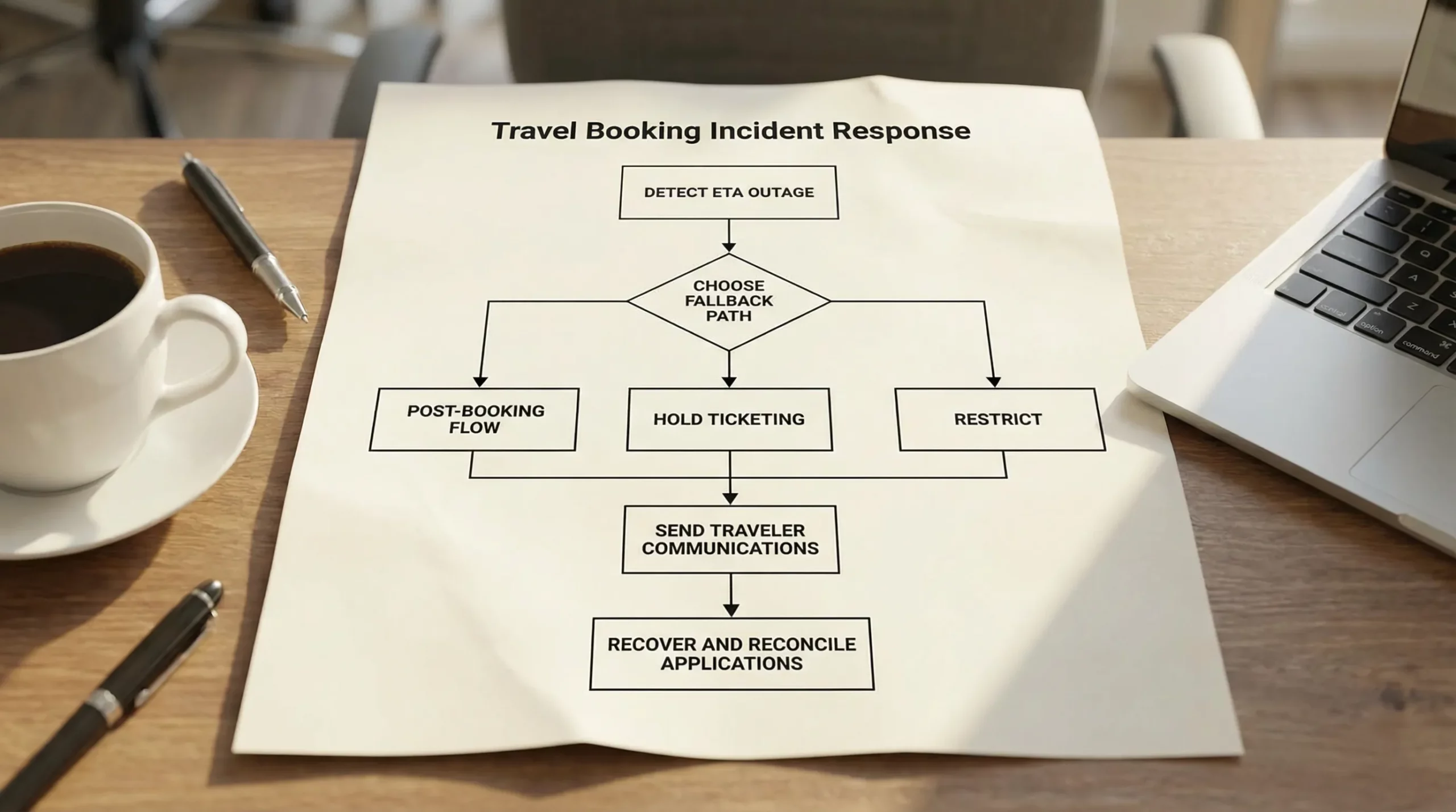 A simple incident response flowchart for a travel booking: detect ETA outage, choose fallback path (post-booking flow, hold ticketing, or restrict), send traveler communications, then recover and reconcile applications.