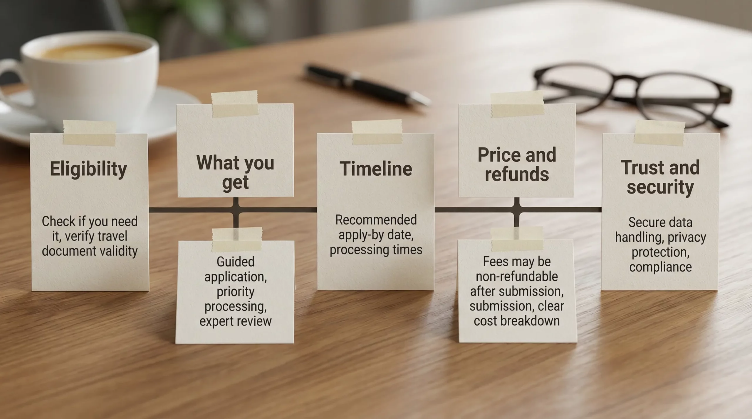 A simple modular diagram showing an eVisa upsell message built from five labeled blocks: Eligibility, What you get, Timeline, Price and refunds, Trust and security. Each block contains short example lines like “Check if you need it”, “Guided application”, “Recommended apply-by date”, “Fees may be non-refundable after submission”, and “Secure data handling”.