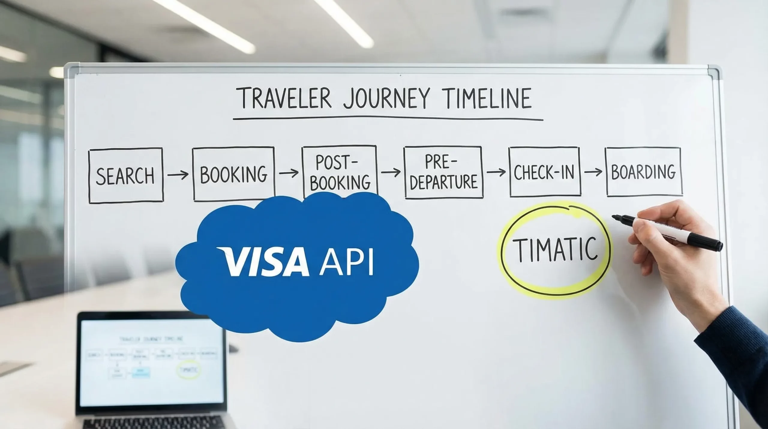 A simple side-by-side diagram showing the traveler journey timeline (search, booking, post-booking, pre-departure, check-in), with “Visa API” covering booking and post-booking steps and “Timatic” highlighted at check-in and boarding.