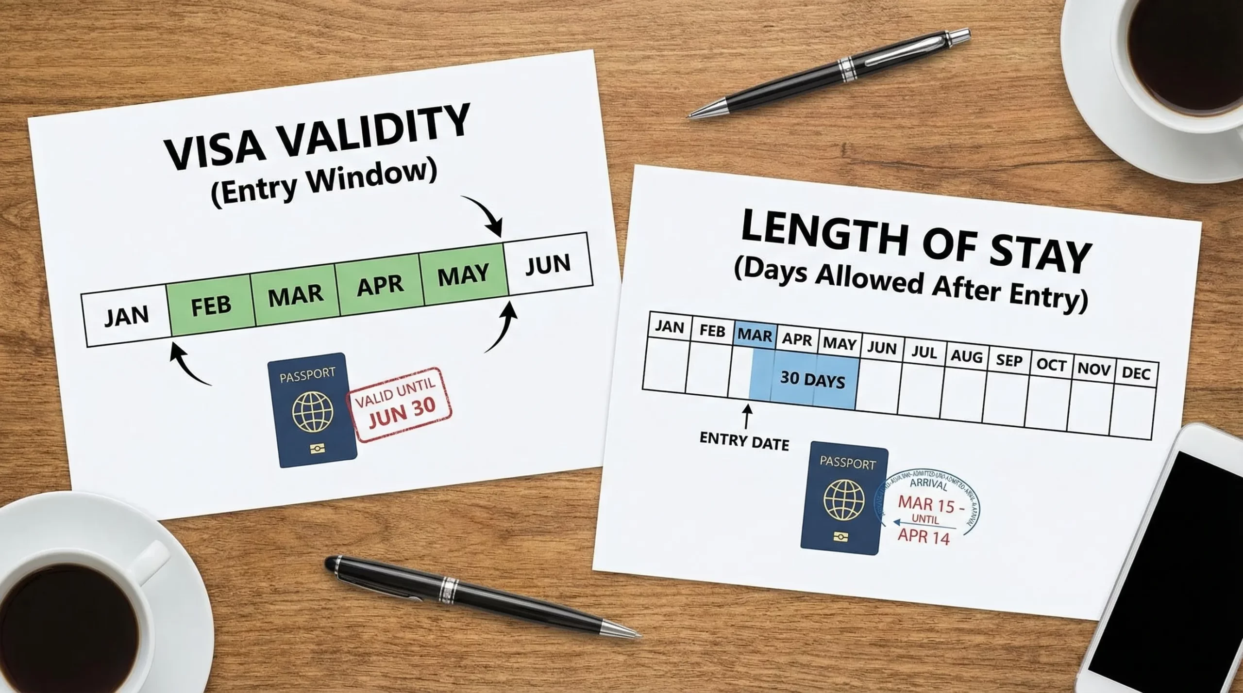A simple side-by-side visual showing two calendar timelines: one labeled “Visa validity (entry window)” and the other labeled “Length of stay (days allowed after entry)”, with a passport and an arrival stamp icon to illustrate the difference.