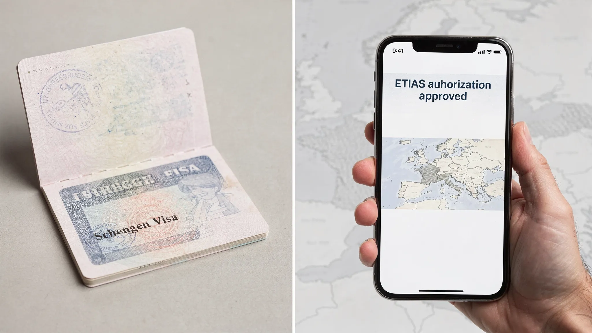 A simple split-panel illustration comparing two travel document paths: on the left, a passport with a visa sticker labeled “Schengen Visa”; on the right, a smartphone showing an “ETIAS authorization approved” screen, with a small map of Europe in the background.