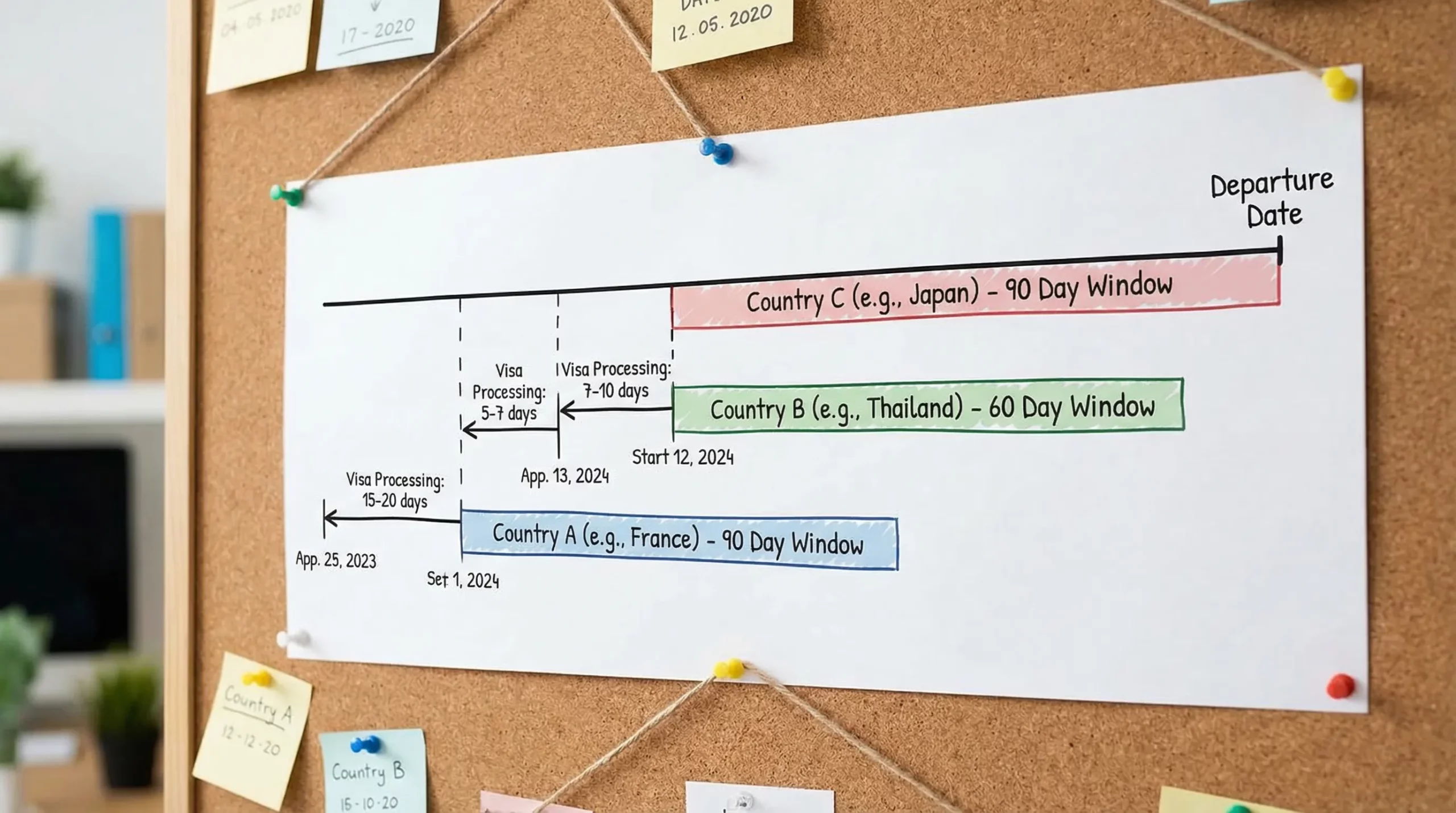 A simple timeline diagram showing a multi-country itinerary with three destinations, each with a different visa processing time and entry window, illustrating how to back-plan application dates from the departure date.