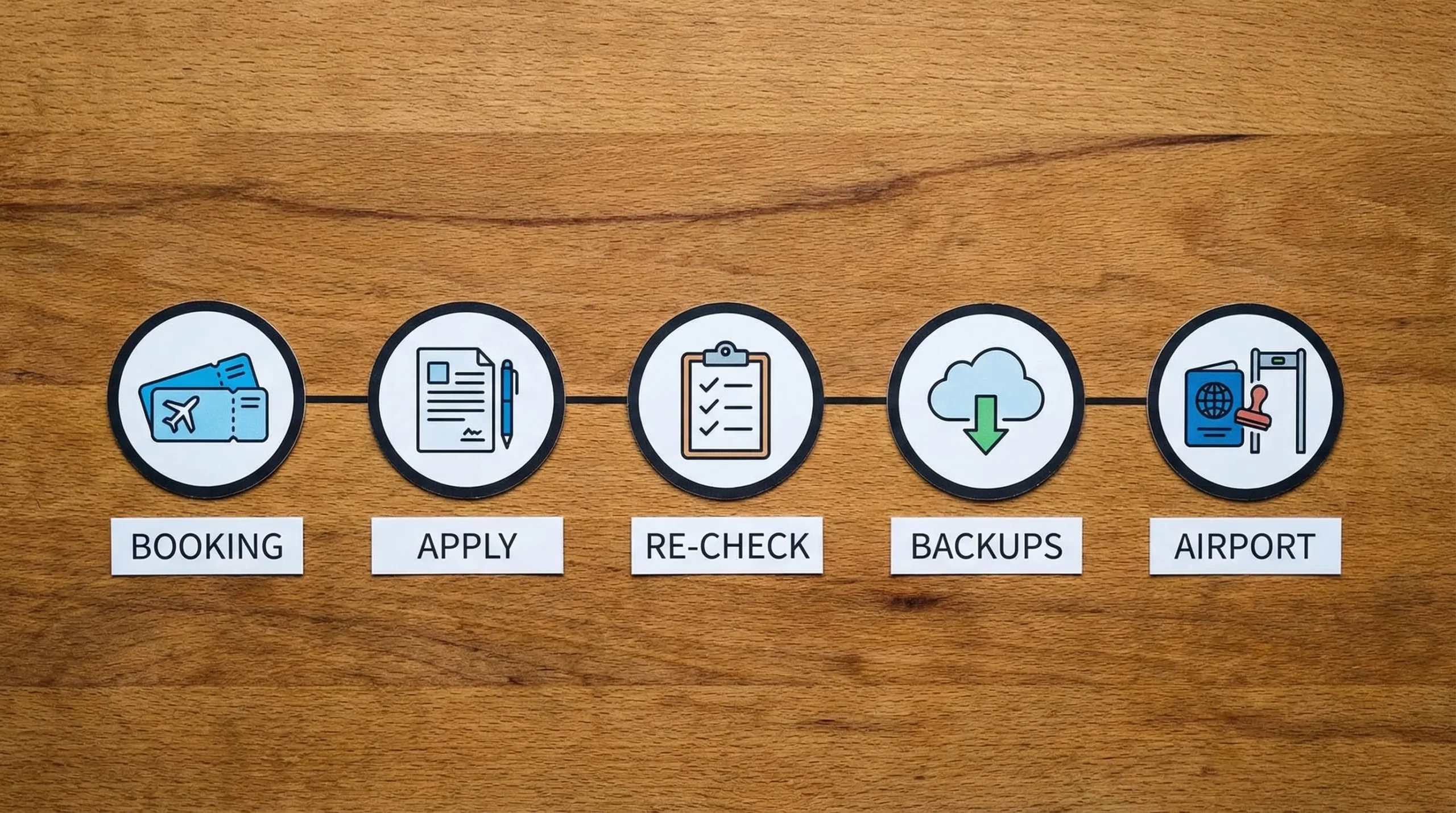 A simple visual timeline showing five checkpoints labeled Booking, Apply, Re-check, Backups, and Airport, with icons for a ticket, form, checklist, cloud download, and passport control.
