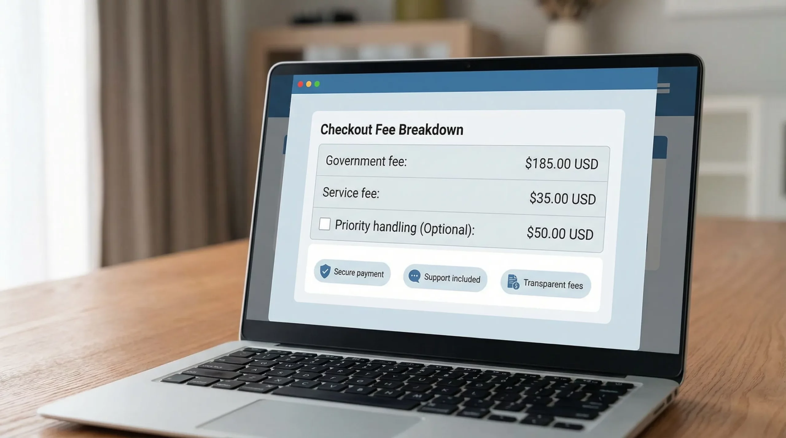 A simplified checkout fee breakdown for an online visa application showing line items for “Government fee,” “Service fee,” and optional “Priority handling,” plus small trust badges like “Secure payment,” “Support included,” and “Transparent fees.” The layout looks like a travel booking add-on panel and clearly separates official fees from service charges.