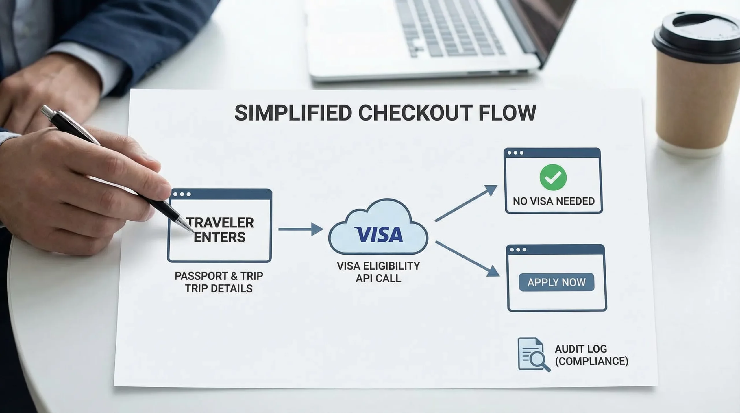 A simplified checkout flow diagram showing a traveler entering passport and trip details, a visa eligibility API call in the middle, and the UI displaying a clear result with “Apply now” or “No visa needed” outcomes, plus a small audit log icon for compliance traceability.