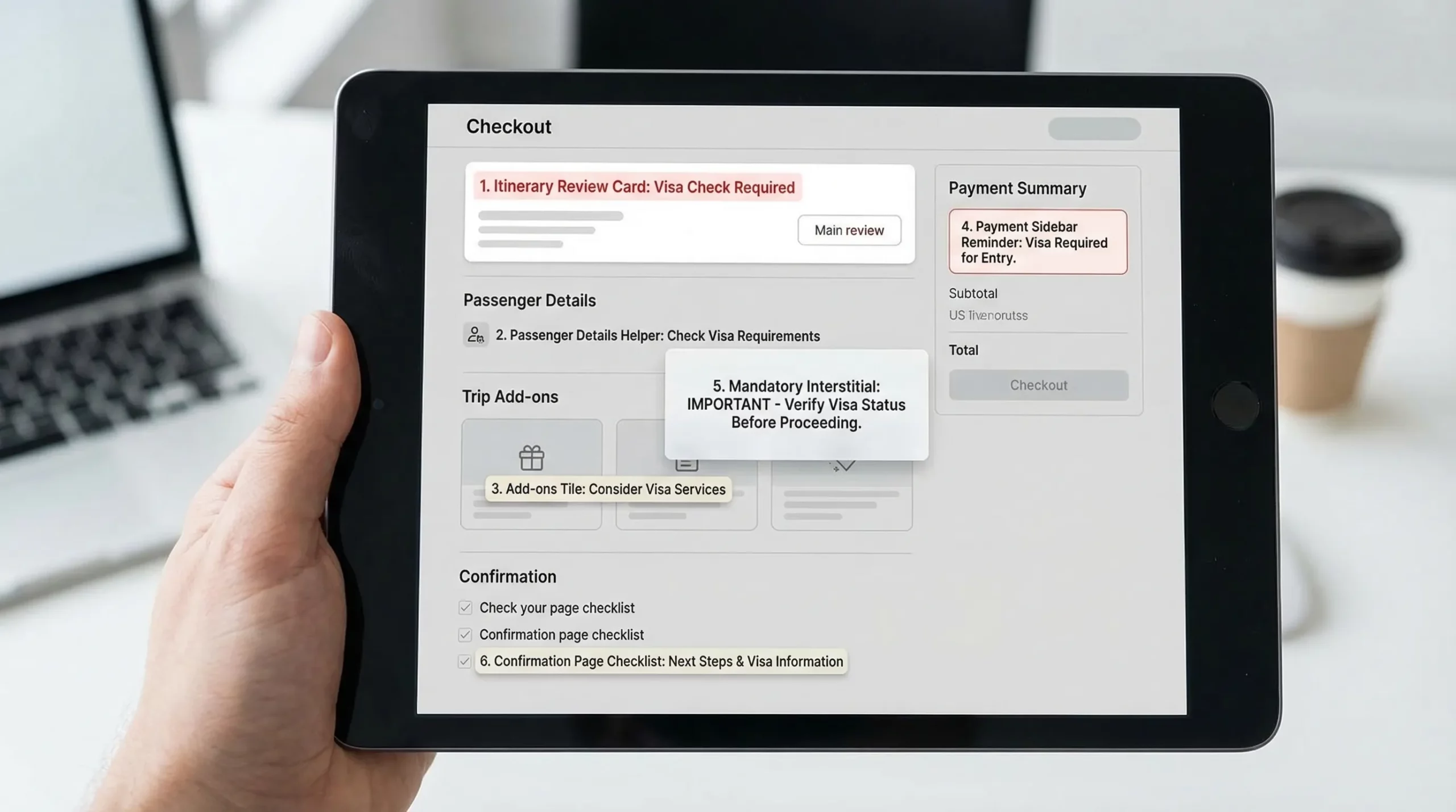 A simplified checkout wireframe for a travel booking flow showing six labeled placements for visa prompts: itinerary review card, passenger details helper, add-ons tile, payment sidebar reminder, mandatory interstitial, and confirmation page checklist.