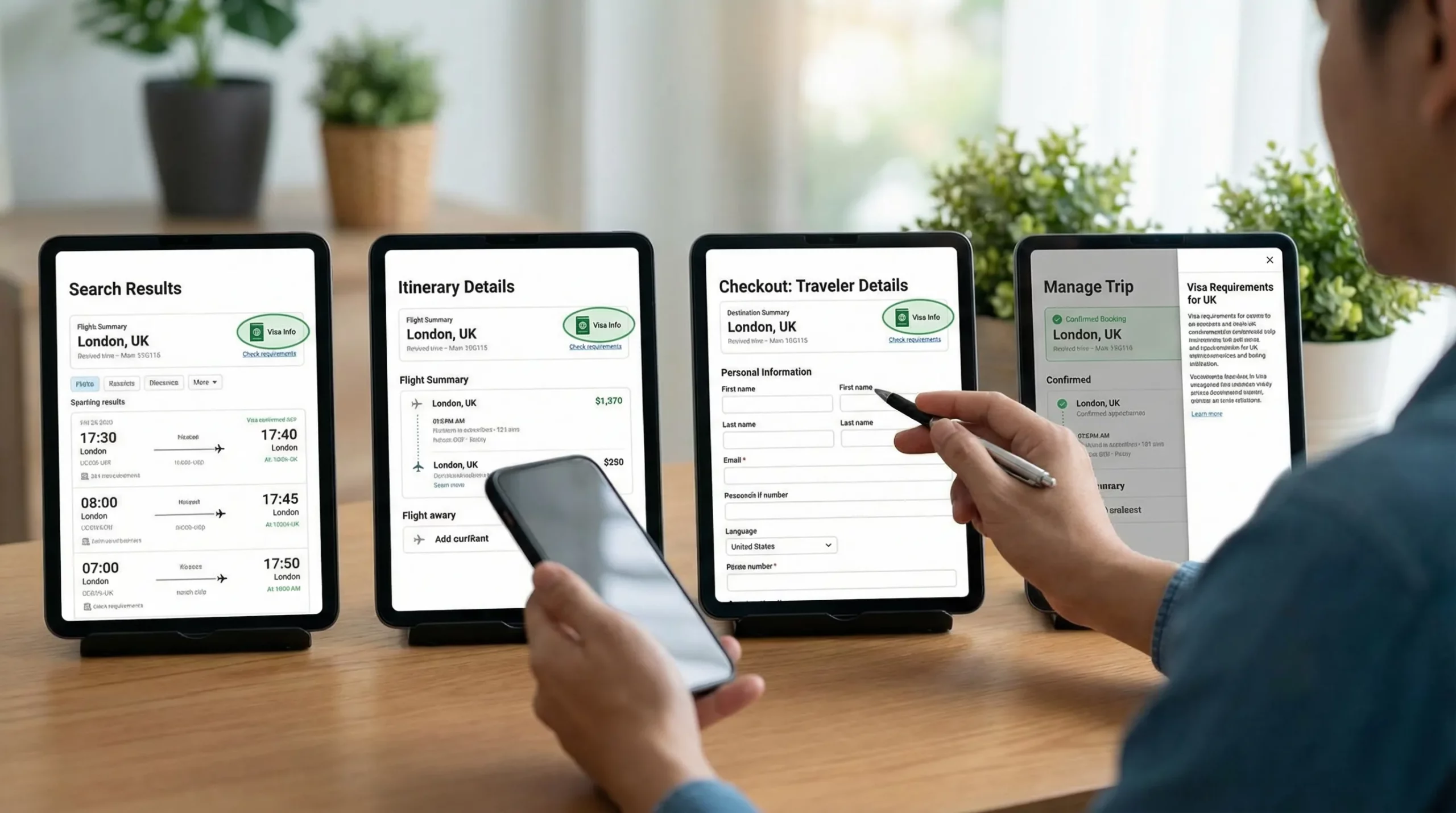 A simplified travel booking funnel showing four screens: search results, itinerary details, checkout traveler details, and post-booking manage trip. Each screen includes a small visa requirement badge near the destination name, with a subtle “Check requirements” link that opens a side panel.
