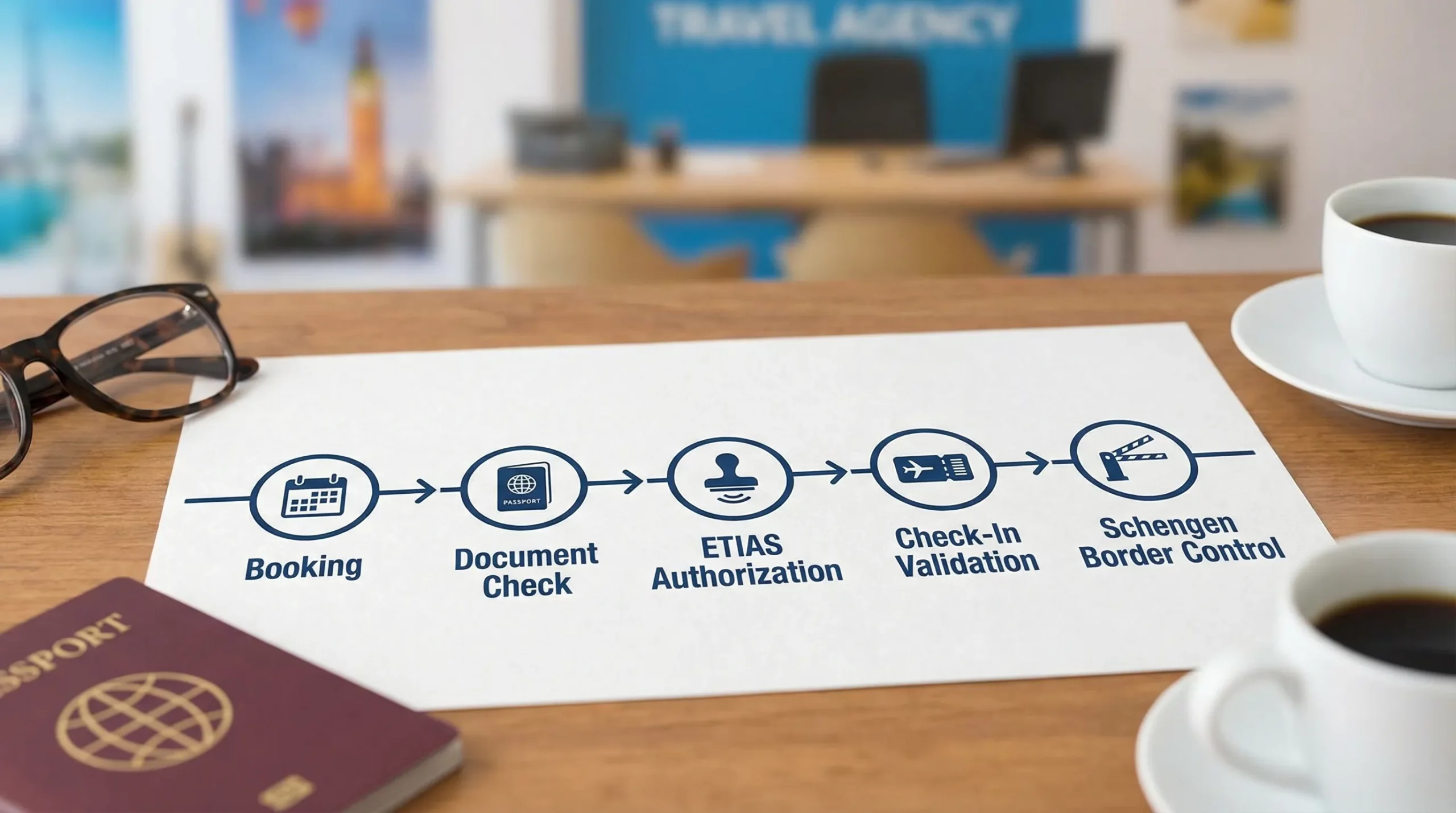 A simplified travel timeline showing booking, document check, ETIAS authorization, check-in validation, and Schengen border control as five labeled steps on a single horizontal line.