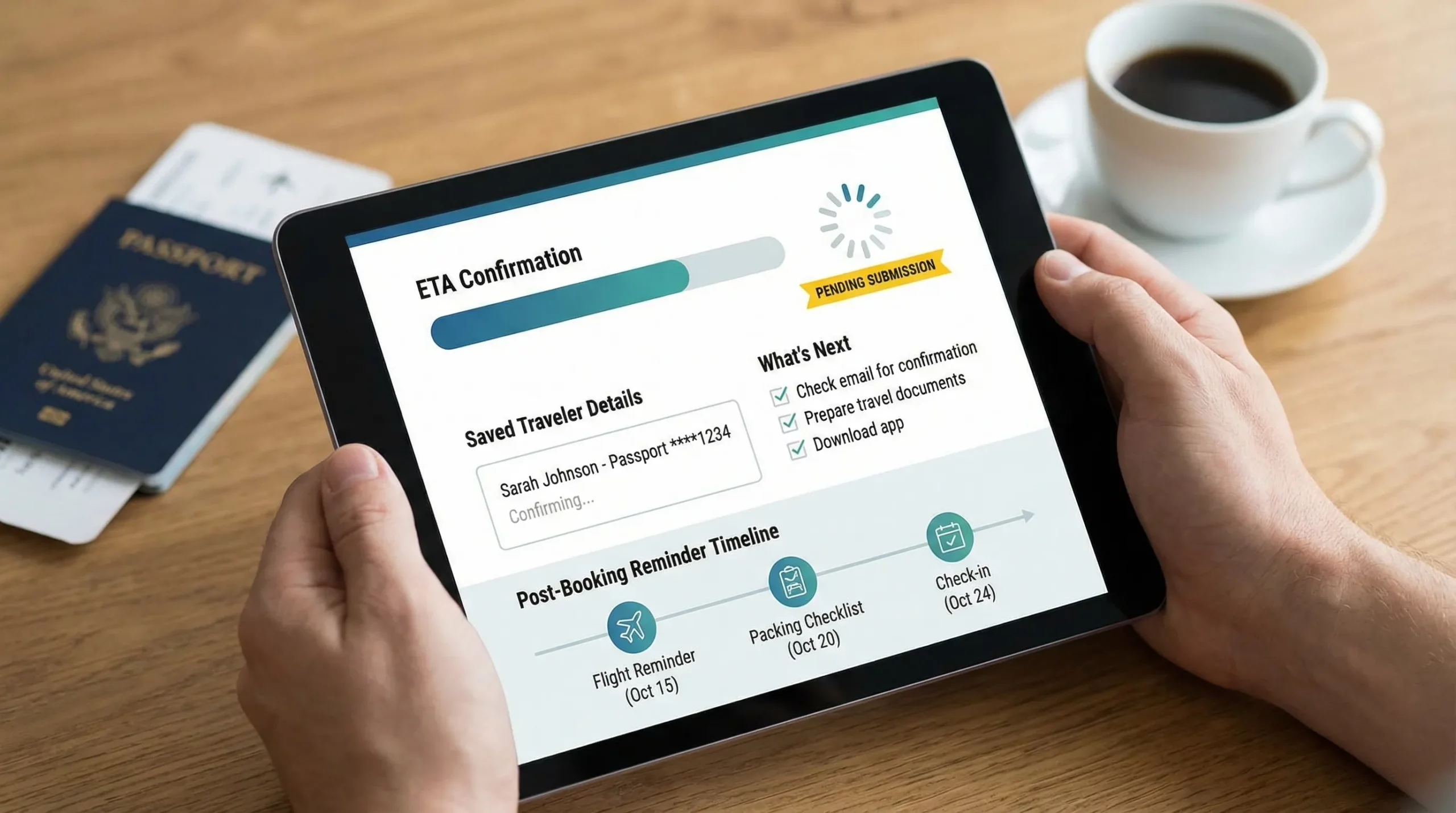 A travel checkout screen concept showing an ETA step switching to a “pending submission” mode, with saved traveler details, clear next steps, and a post-booking reminder timeline.