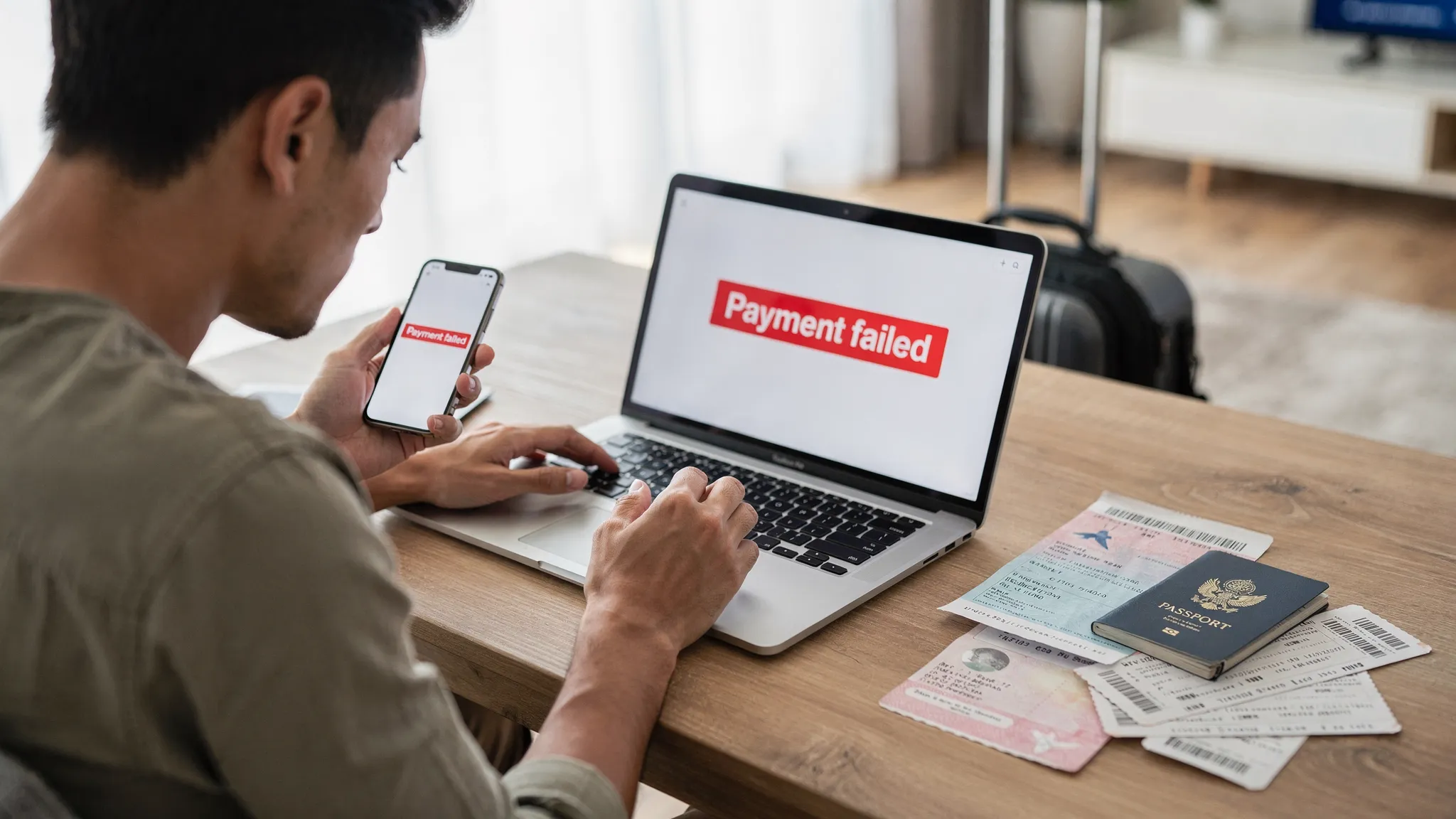 A traveler at a desk using a laptop and phone, seeing a clear “Payment failed” message on the screen, with travel documents (passport, itinerary printout) nearby to convey an online eVisa checkout issue.