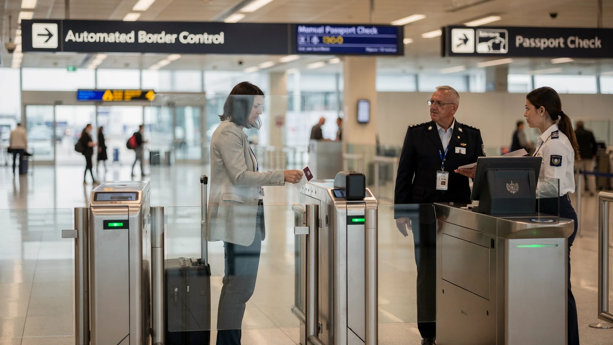 A traveler at a European airport e-gate scanning their passport while a border officer assists nearby; signage indicates automated border control and a separate lane for manual checks.
