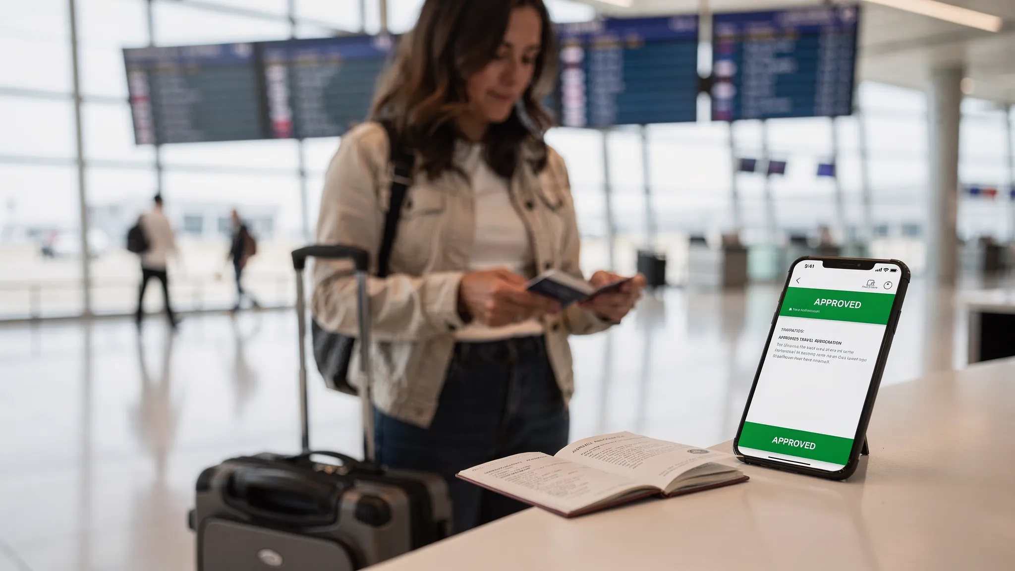 A traveler at an airport desk calmly reviewing a passport, printed itinerary, and phone screen with an approved travel authorization confirmation, with luggage beside them and a departures board blurred in the background.