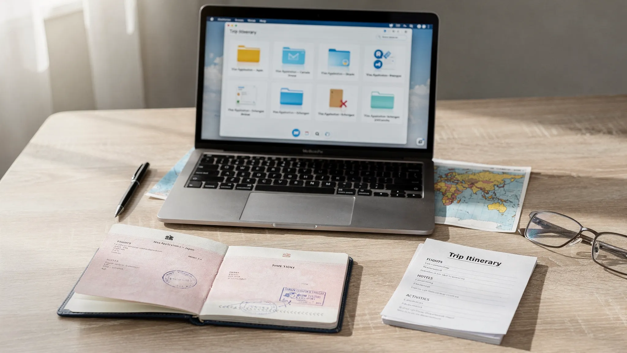 A traveler’s desk with an open passport, printed itinerary, and a laptop facing the viewer, showing organized digital files for multiple visa applications.