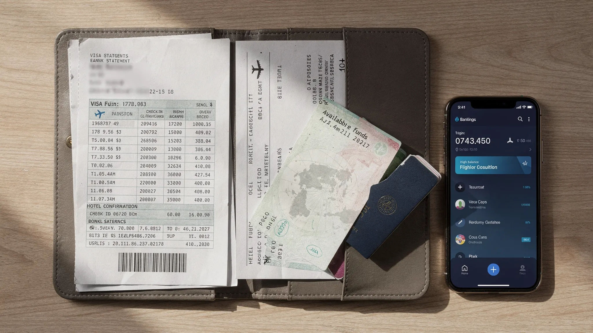A traveler’s neatly organized visa application folder on a desk with a passport, printed bank statements, a flight itinerary, hotel confirmation, and a phone showing a banking app balance, suggesting “proof of funds” preparation for an international trip.