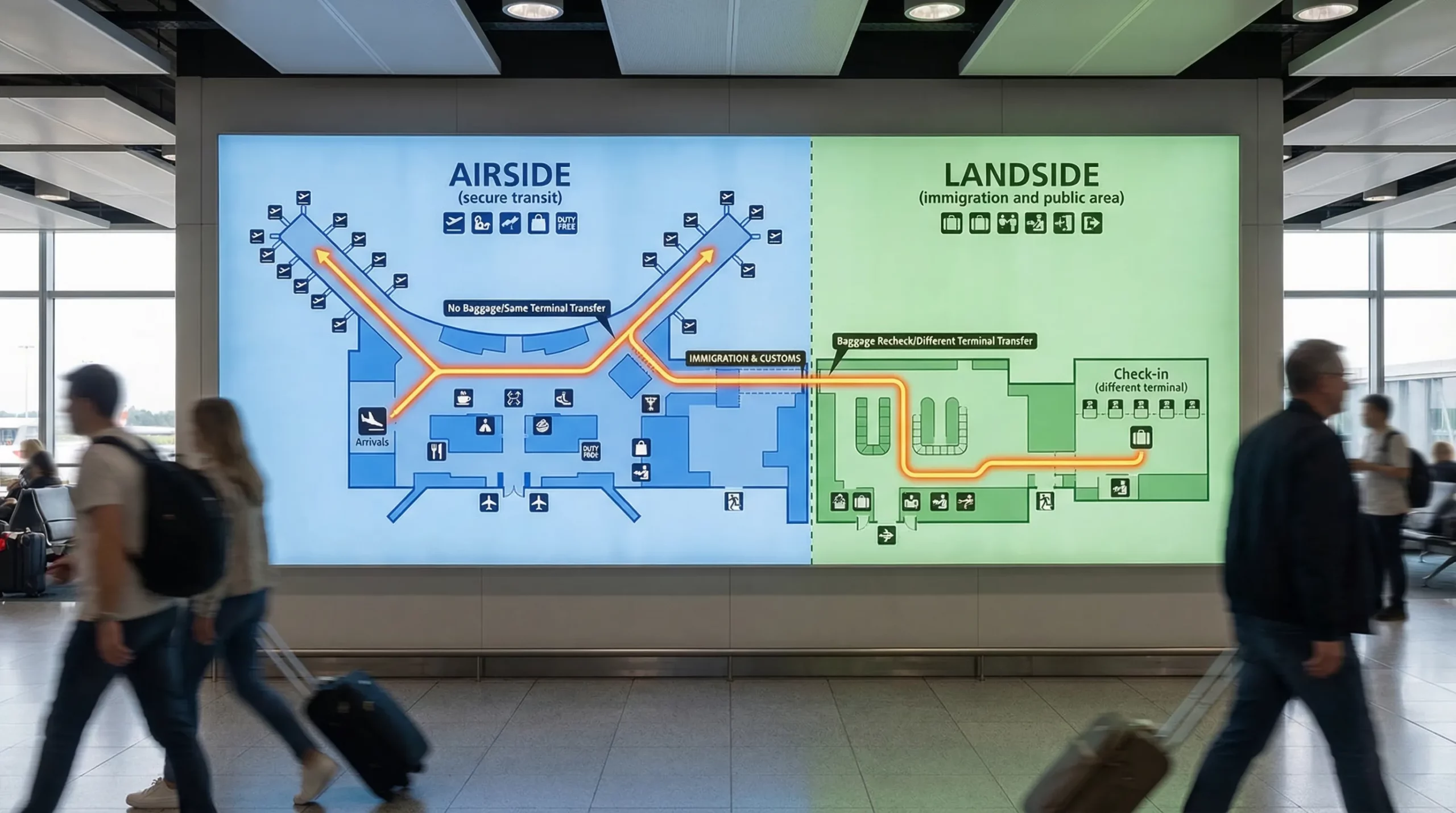 An international airport layout showing two zones labeled “Airside (secure transit)” and “Landside (immigration and public area),” with a highlighted passenger route that either stays airside or crosses immigration depending on baggage and terminal changes.