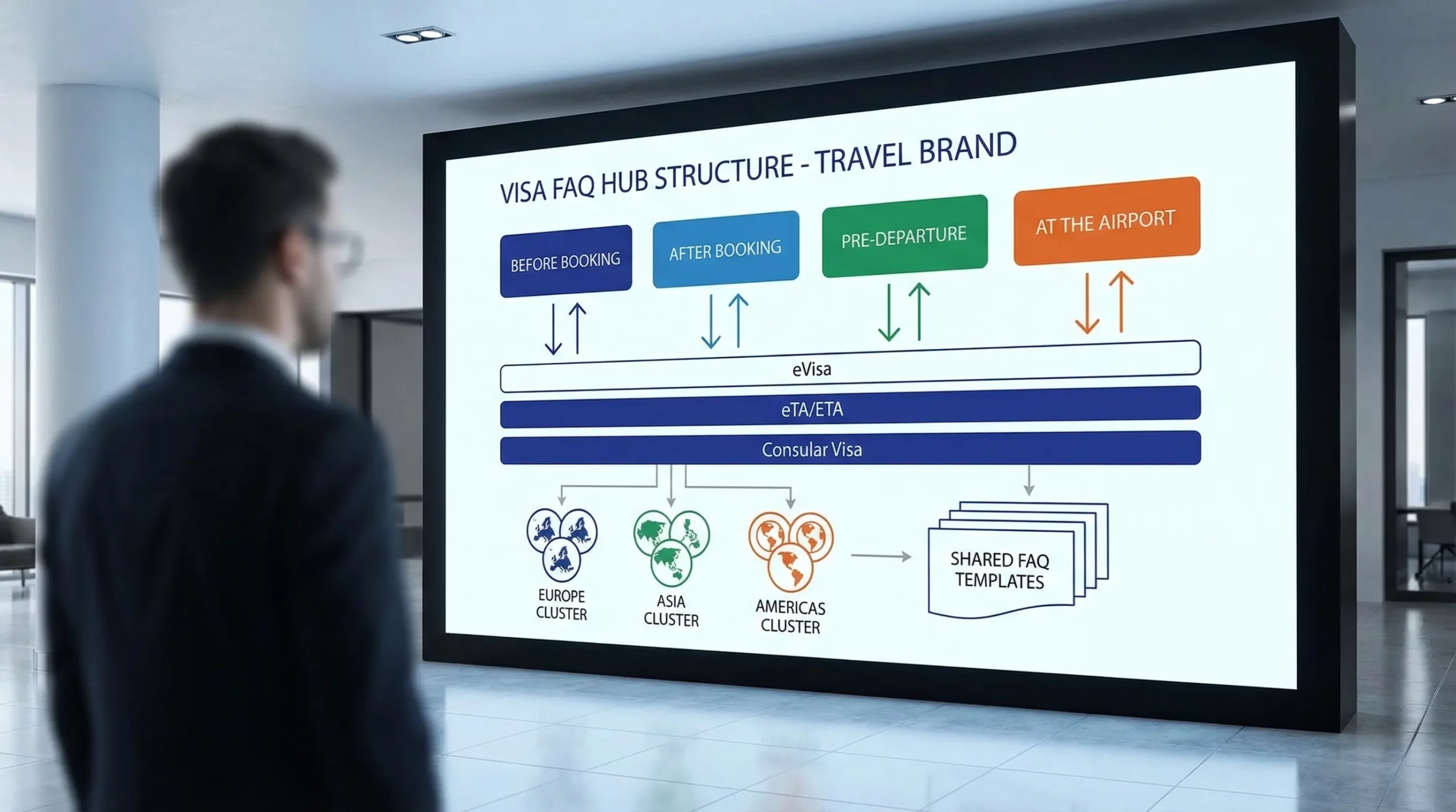 Diagram showing a Visa FAQ hub structure for a travel brand: top navigation by journey stage (Before booking, After booking, Pre-departure, At the airport), with cross-links by document type (eVisa, eTA/ETA, Consular visa) and destination clusters feeding into shared templates.