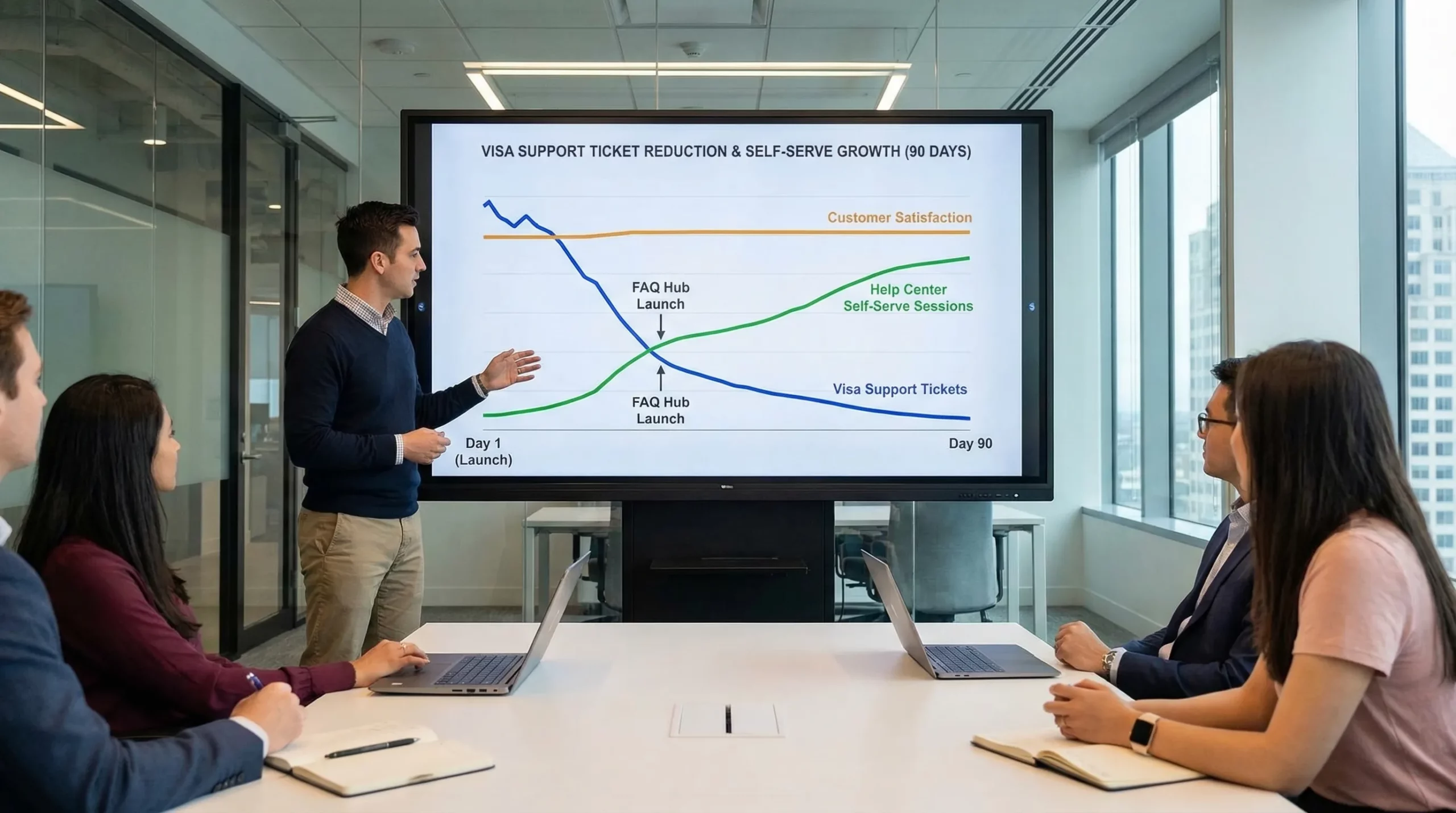 Line chart illustrating a hypothetical reduction in visa-related support tickets over 90 days after launching a Visa FAQ hub, alongside rising help center self-serve sessions and stable customer satisfaction.