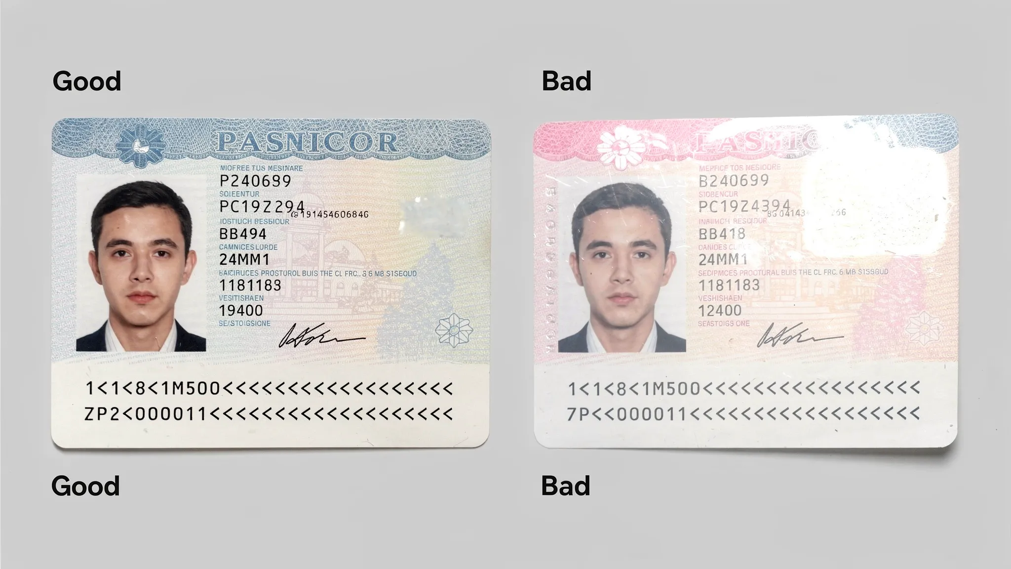 Side-by-side comparison of a passport bio page captured correctly versus incorrectly. The good example is flat, evenly lit, sharp text, and includes the full MRZ lines. The bad example shows glare, cropped corners, and soft focus.