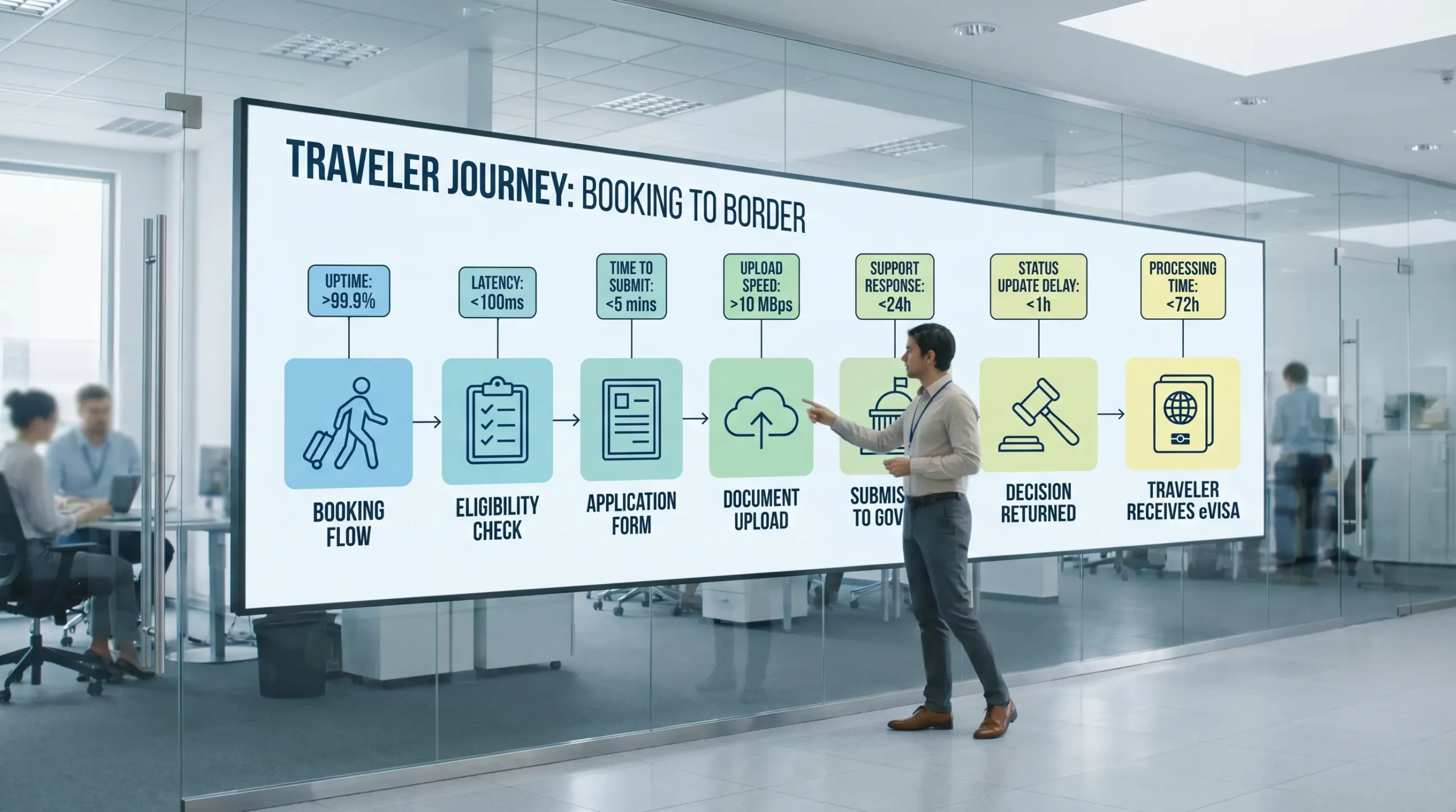 A clean diagram showing a traveler journey from booking to border: booking flow, eligibility check, application form, document upload, submission to government, decision returned, and traveler receives eVisa. Above each step are example SLA labels like uptime, latency, time to submit, support response, and status update delay.