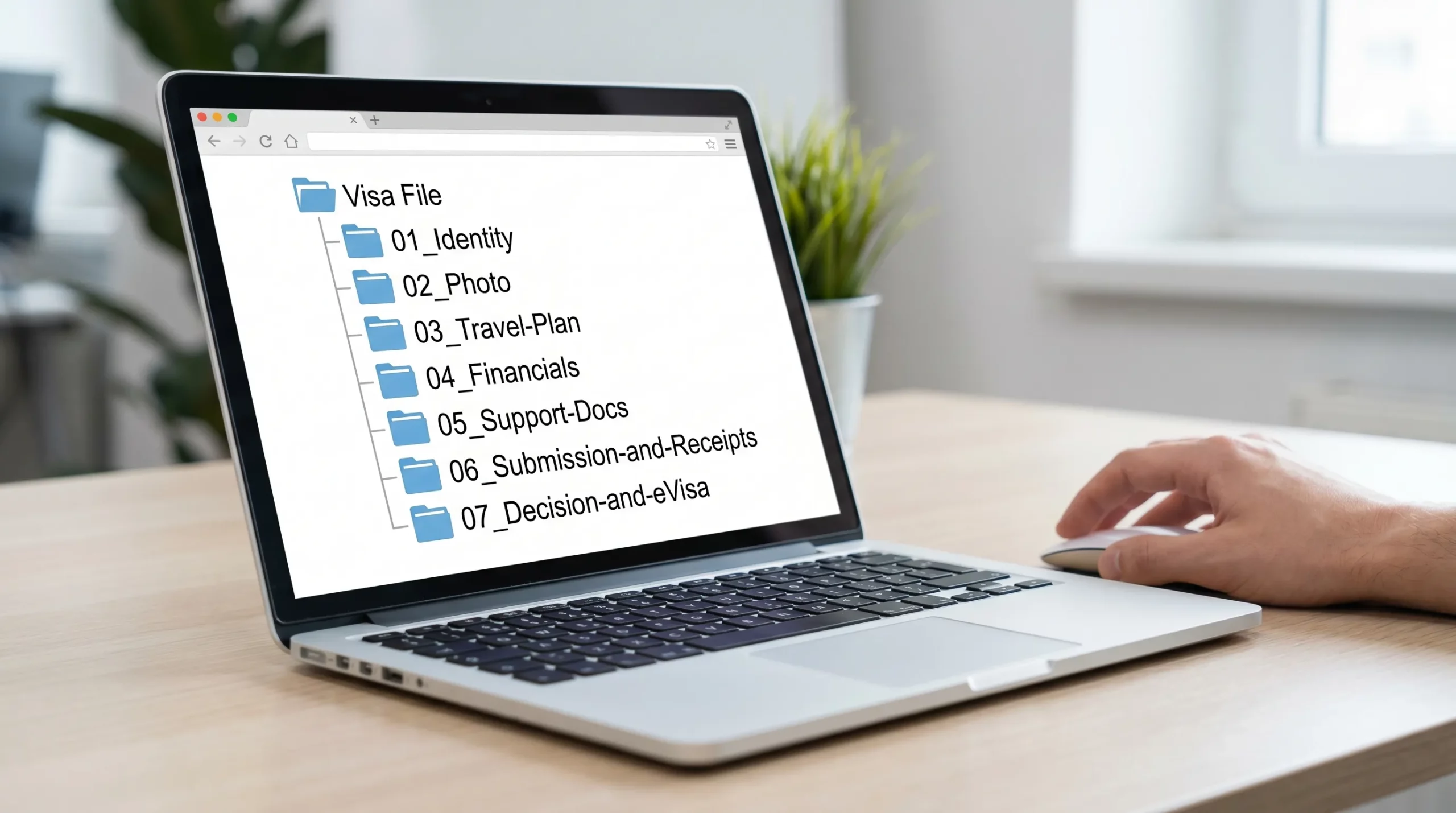 A clean folder-tree diagram for a “Visa File” on a laptop, showing numbered folders like 01_Identity, 02_Photo, 03_Travel-Plan, 06_Submission-and-Receipts, and 07_Decision-and-eVisa.