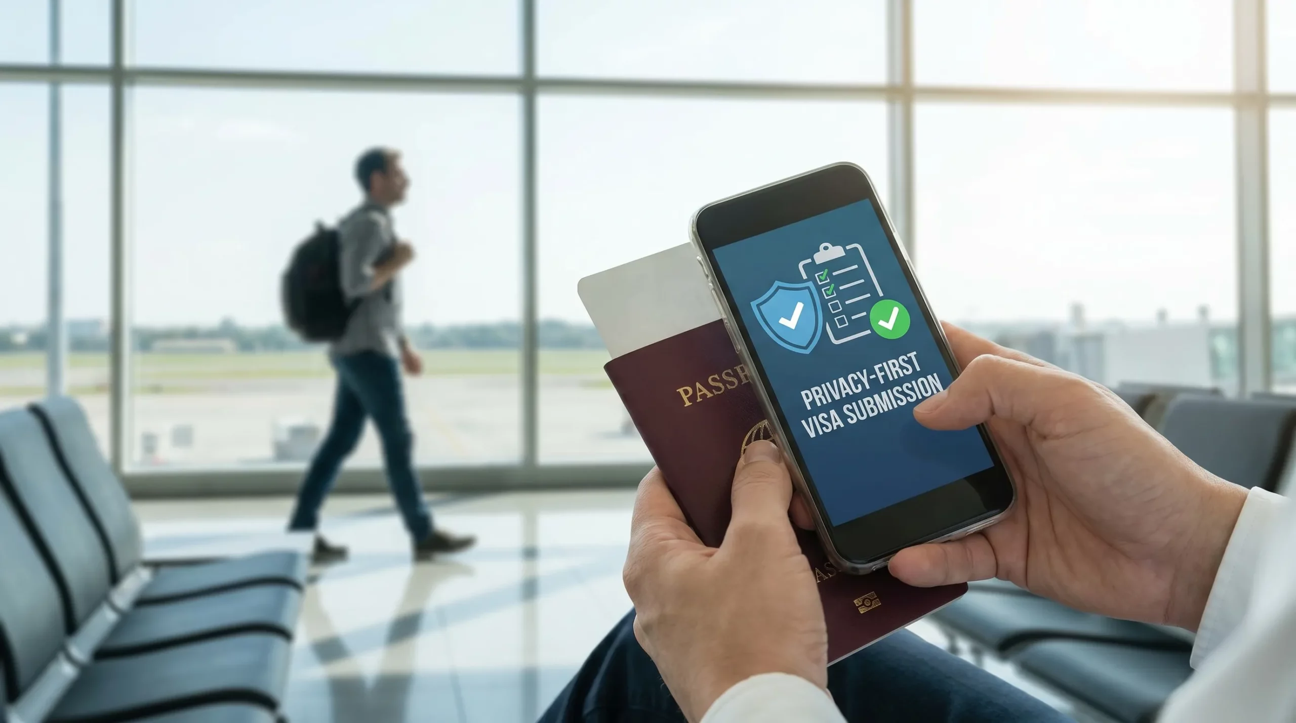 A clean, modern illustration of a traveler holding a passport and phone while a shield icon and a checklist represent privacy-first data collection and successful visa submission.