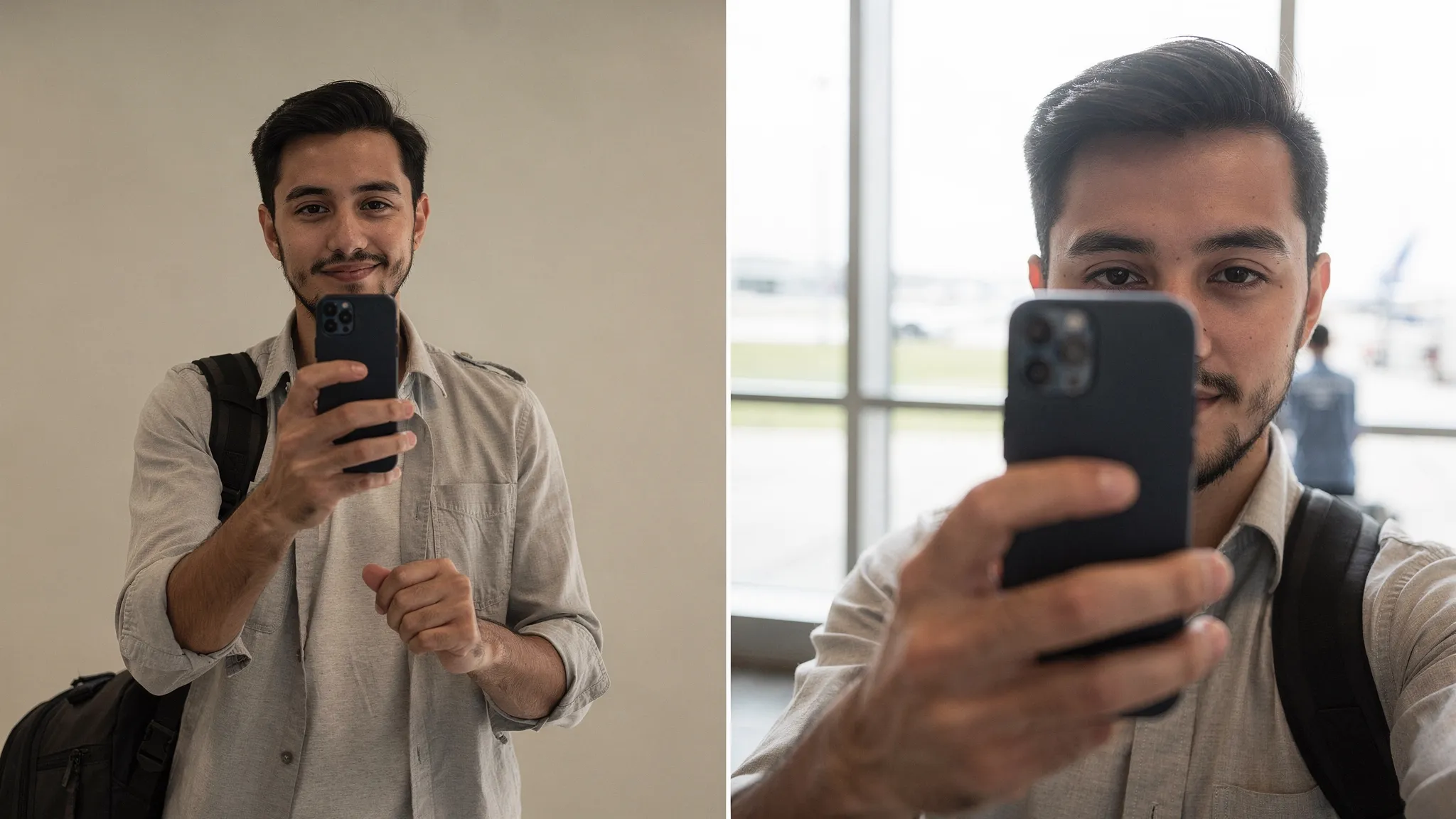 A clear visual comparison of a good selfie liveness setup versus a failing setup: on the left, a traveler facing a soft light with a plain background and centered framing; on the right, a traveler backlit by a bright window with shadows and off-center framing.