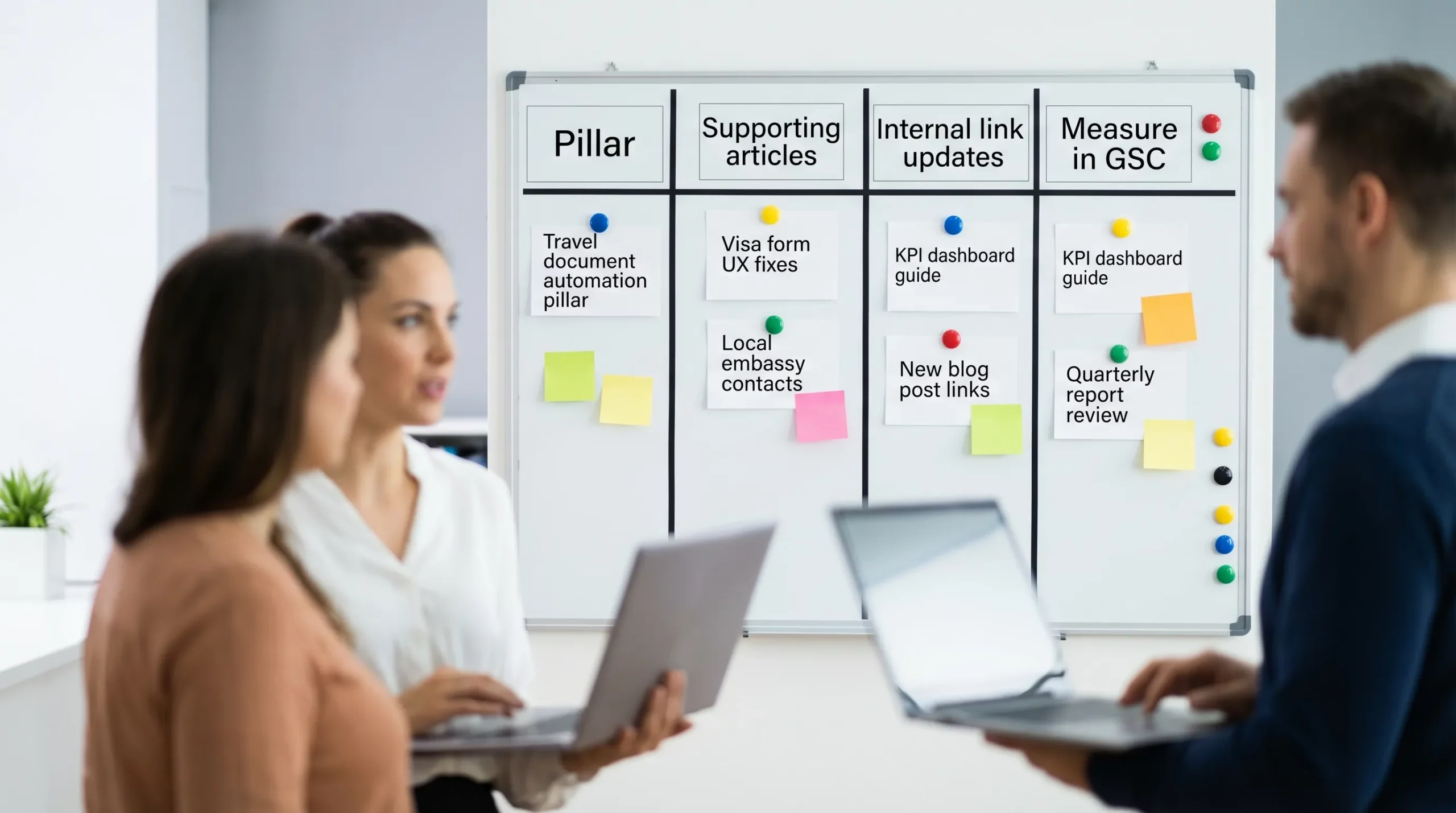 A content operations workflow illustration showing a simple kanban board with columns “Pillar,” “Supporting articles,” “Internal link updates,” and “Measure in GSC,” with a few example cards like “Travel document automation pillar,” “Visa form UX fixes,” and “KPI dashboard guide.”