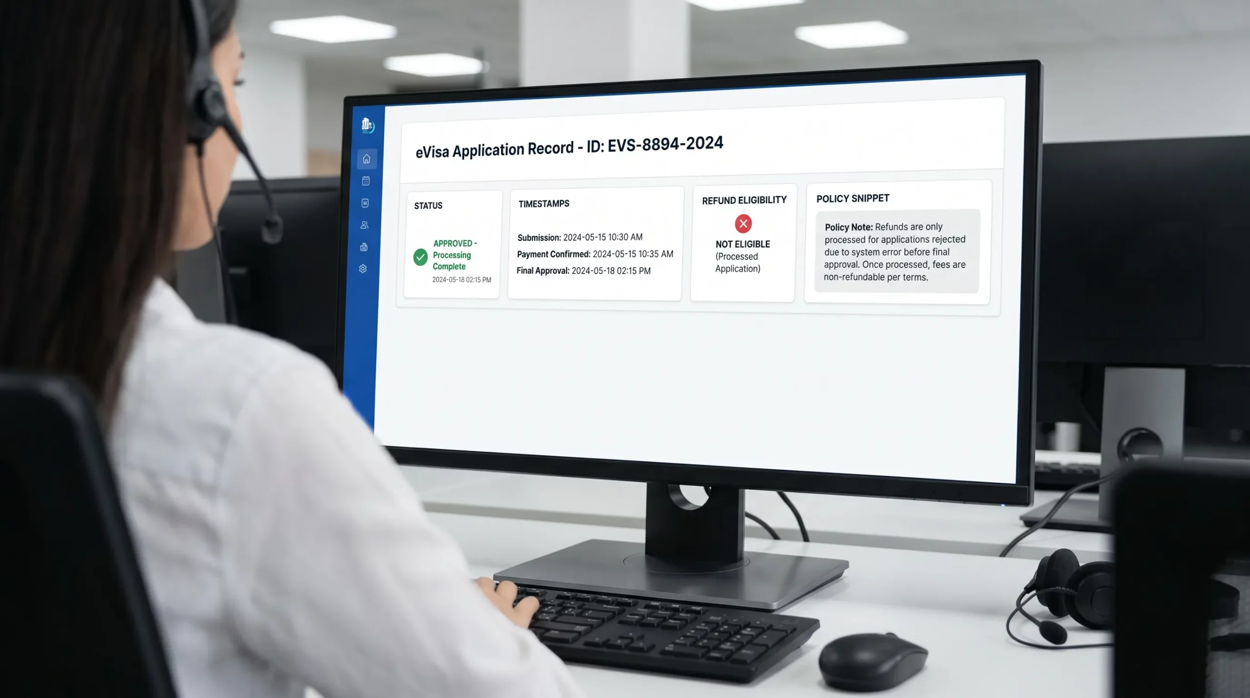 A customer support agent view showing an eVisa application record with fields for status, timestamps, refund eligibility, and a short policy snippet, presented as a clean dashboard mockup without any real company logos.