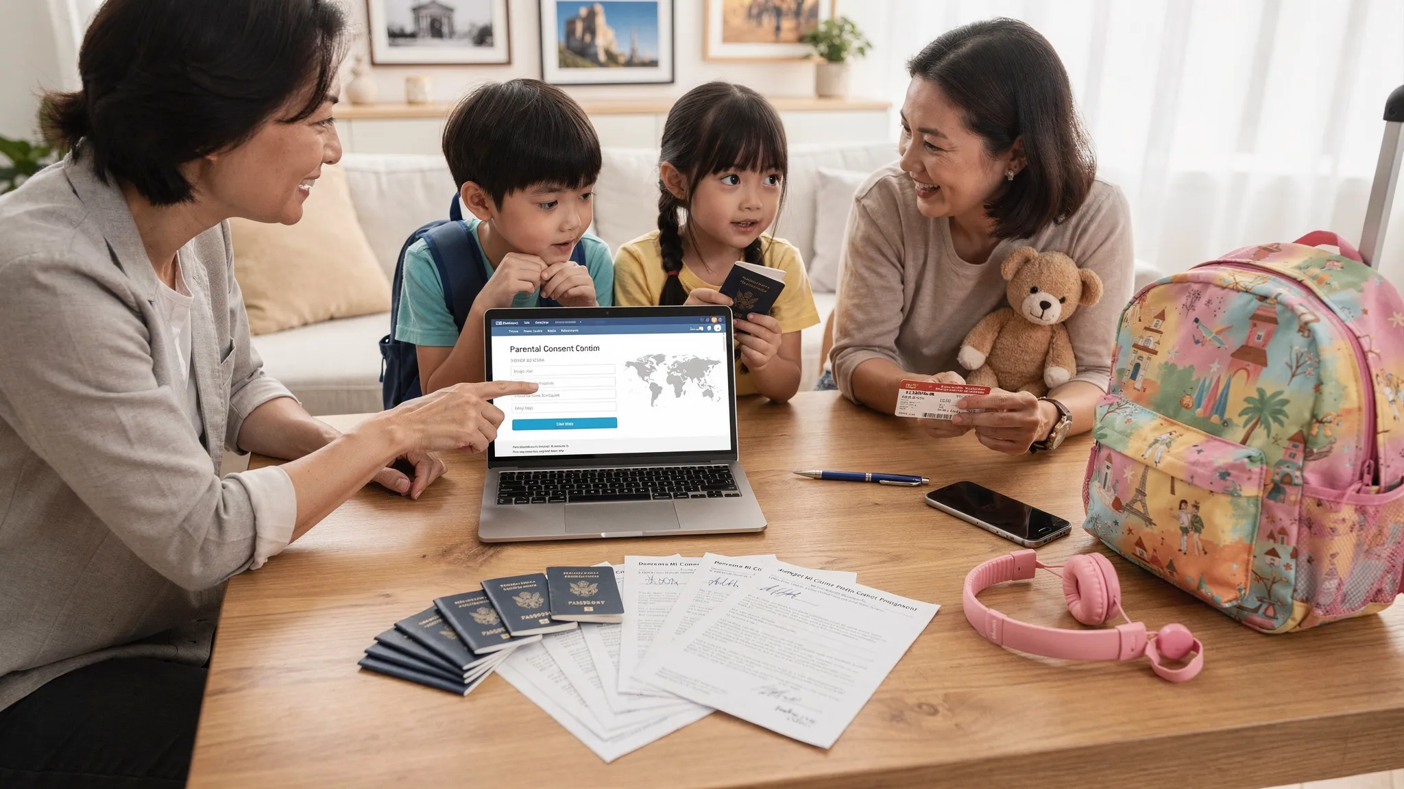 A family preparing travel documents at a table with passports, printed consent letters, boarding passes, and a laptop open to a visa application page, with children’s travel items nearby.