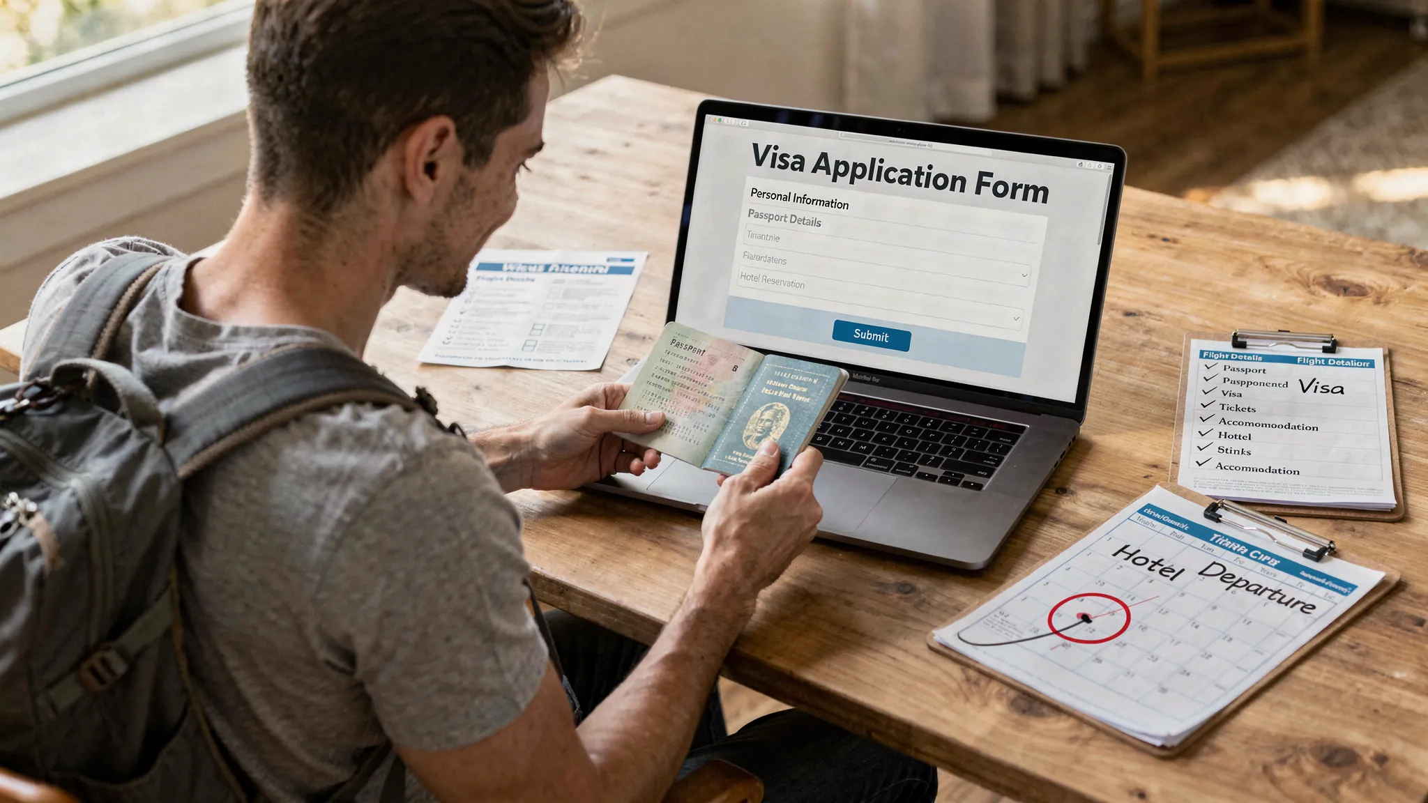 A first-time traveler at a desk checking a passport next to a laptop showing a visa application form (screen facing the viewer), with a printed itinerary, a checklist, and a calendar highlighting a departure date.