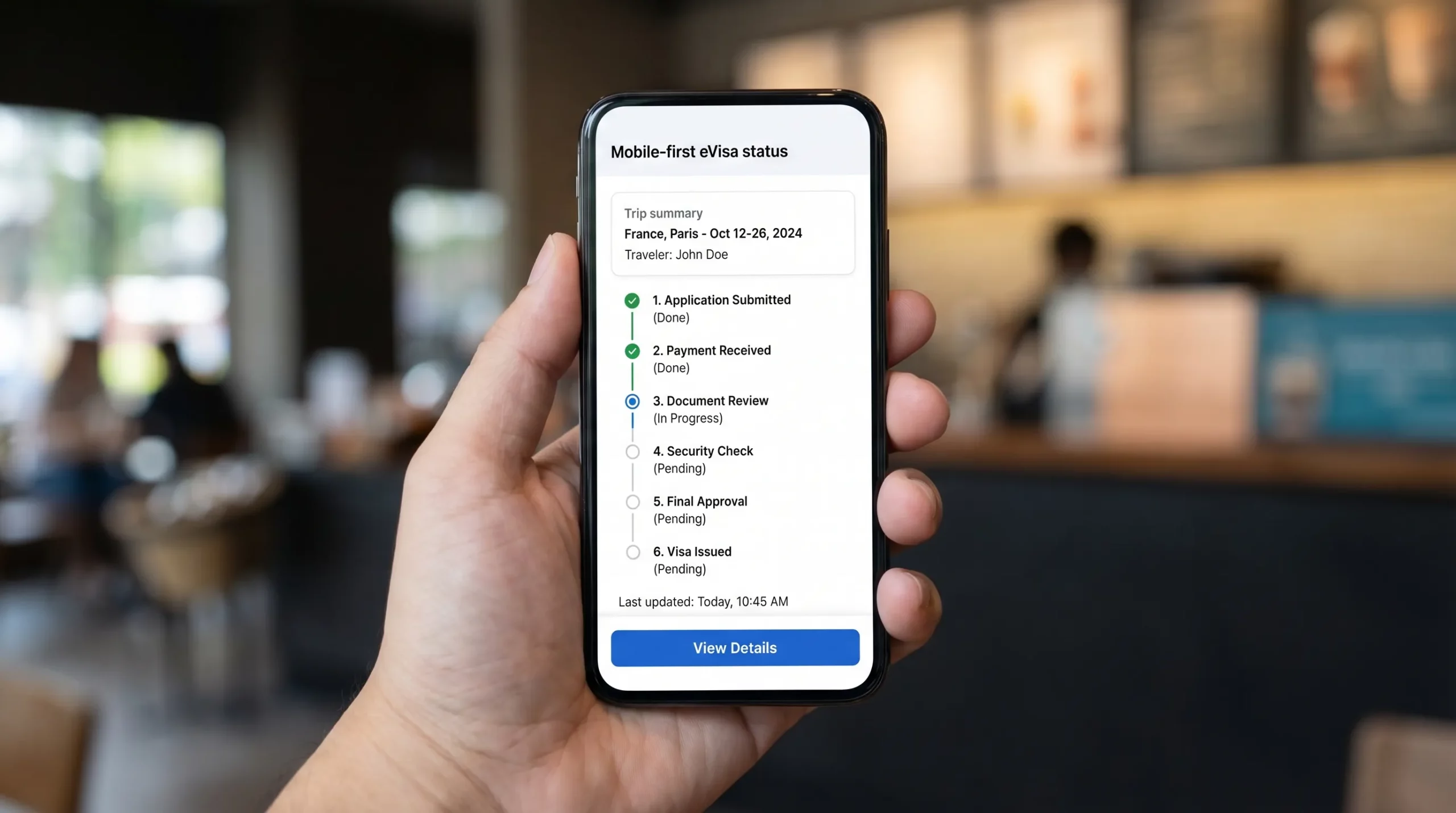 A mobile-first eVisa status page UI showing a trip summary card, a progress timeline with 6 steps, a “Last updated” timestamp, and a single primary CTA button.