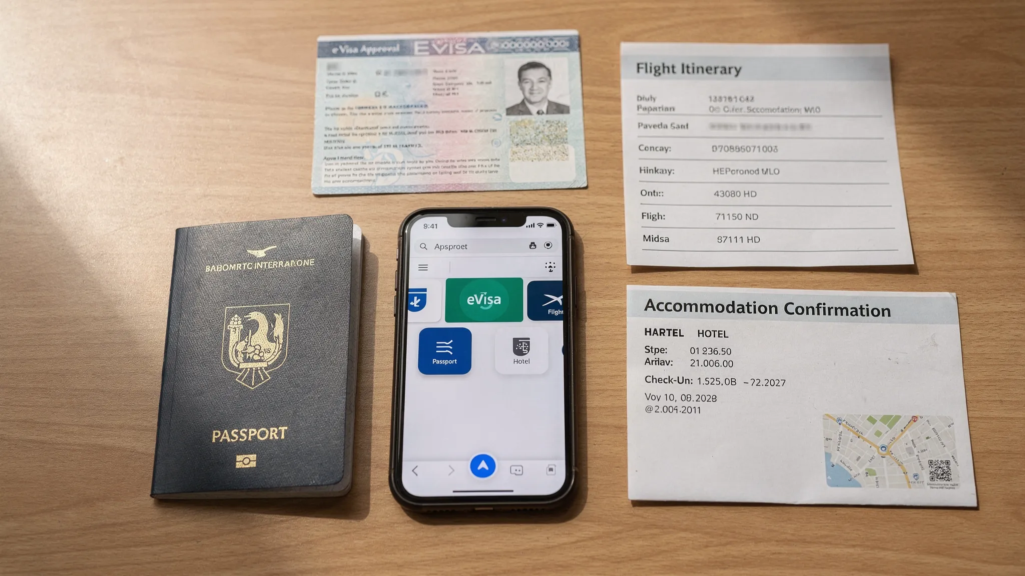 A neatly organized international travel document pack on a table, including a passport, printed eVisa approval, flight itinerary, accommodation confirmation, and a smartphone showing offline travel document PDFs with the screen facing upward.