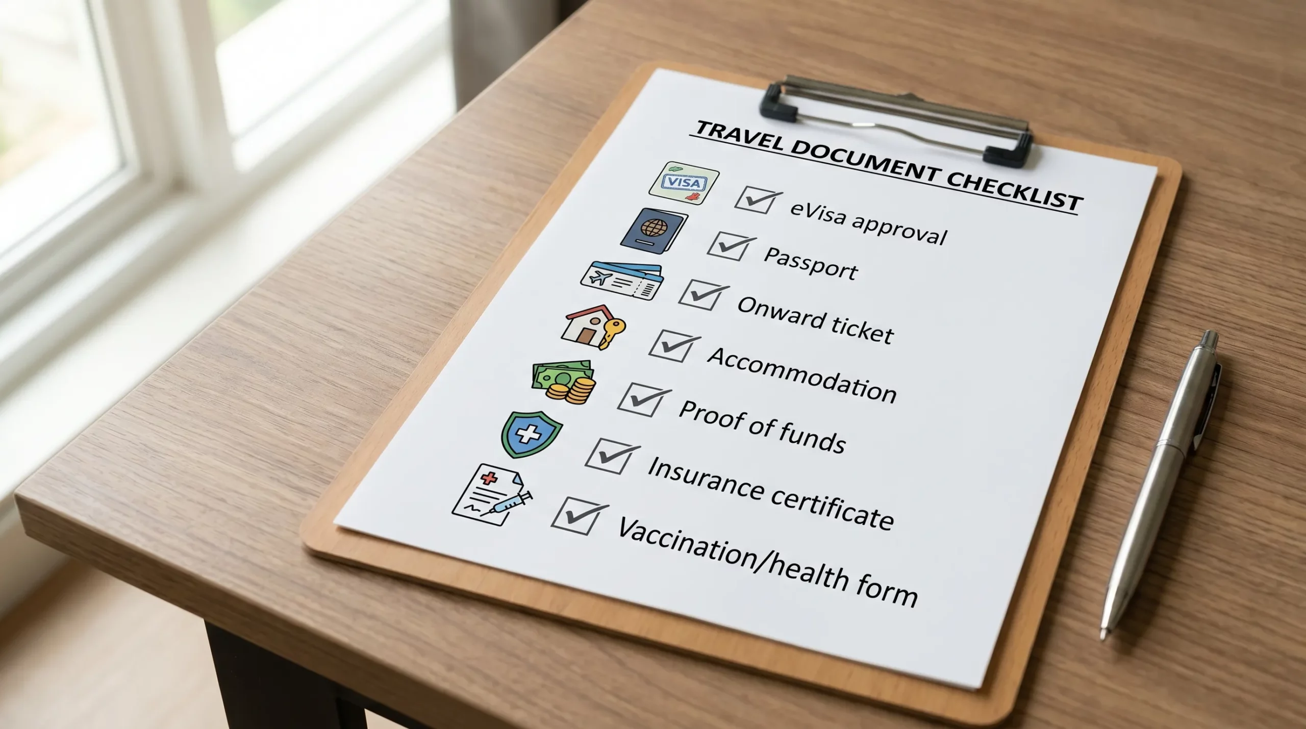 A simple checklist-style graphic showing seven labeled document icons: eVisa approval, passport, onward ticket, accommodation, proof of funds, insurance certificate, and vaccination/health form.