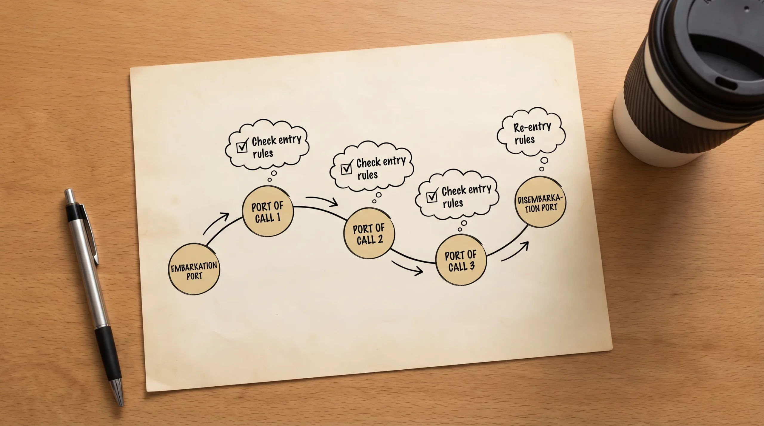 A simple diagram showing a cruise route from an embarkation port through three ports of call to a disembarkation port, with a checklist bubble above each stop reading “Check entry rules” and a final bubble reading “Re-entry rules”.