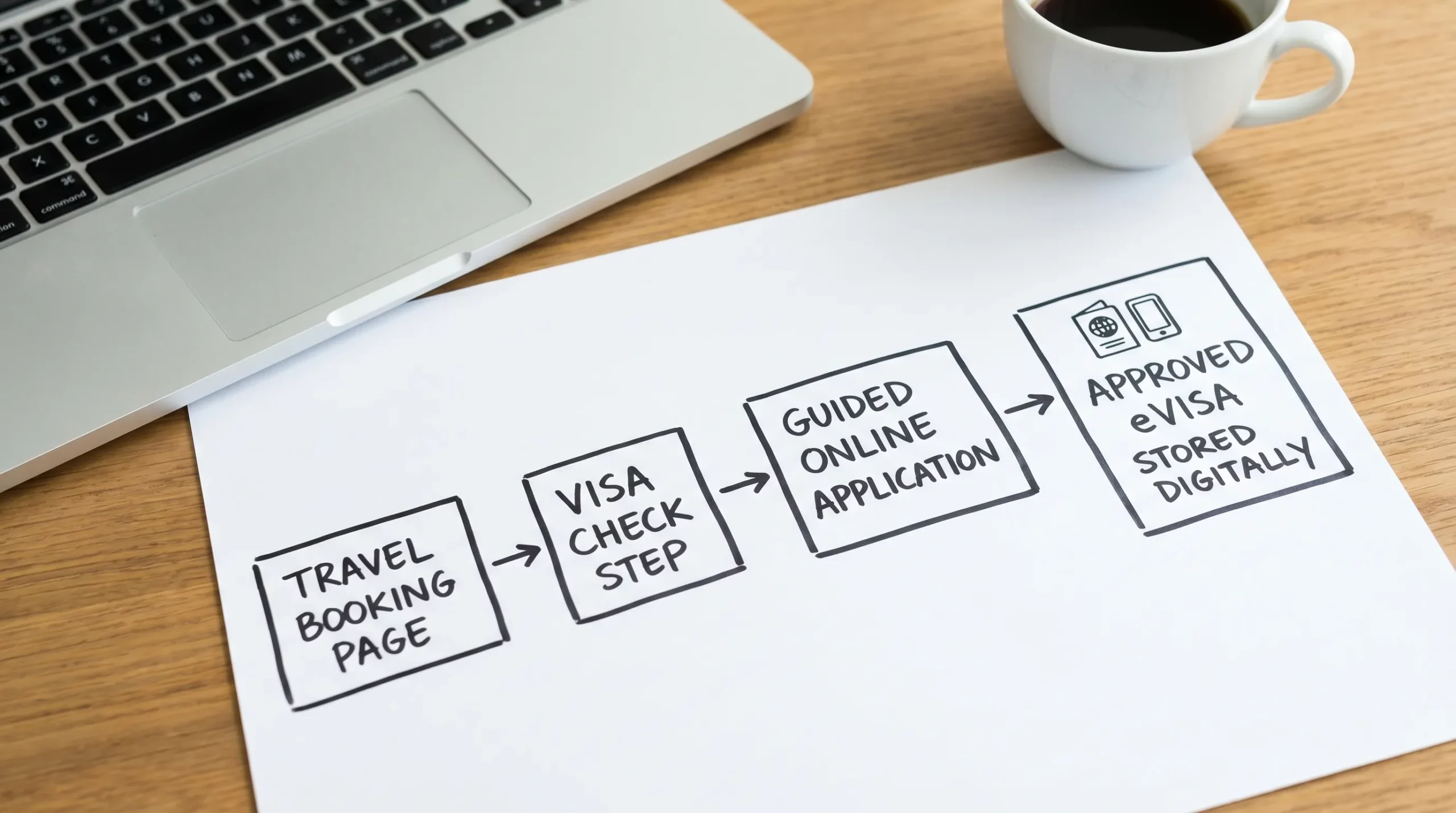 A simple flow diagram showing a travel booking page leading to a visa check step, then a guided online application, then an approved eVisa stored digitally.