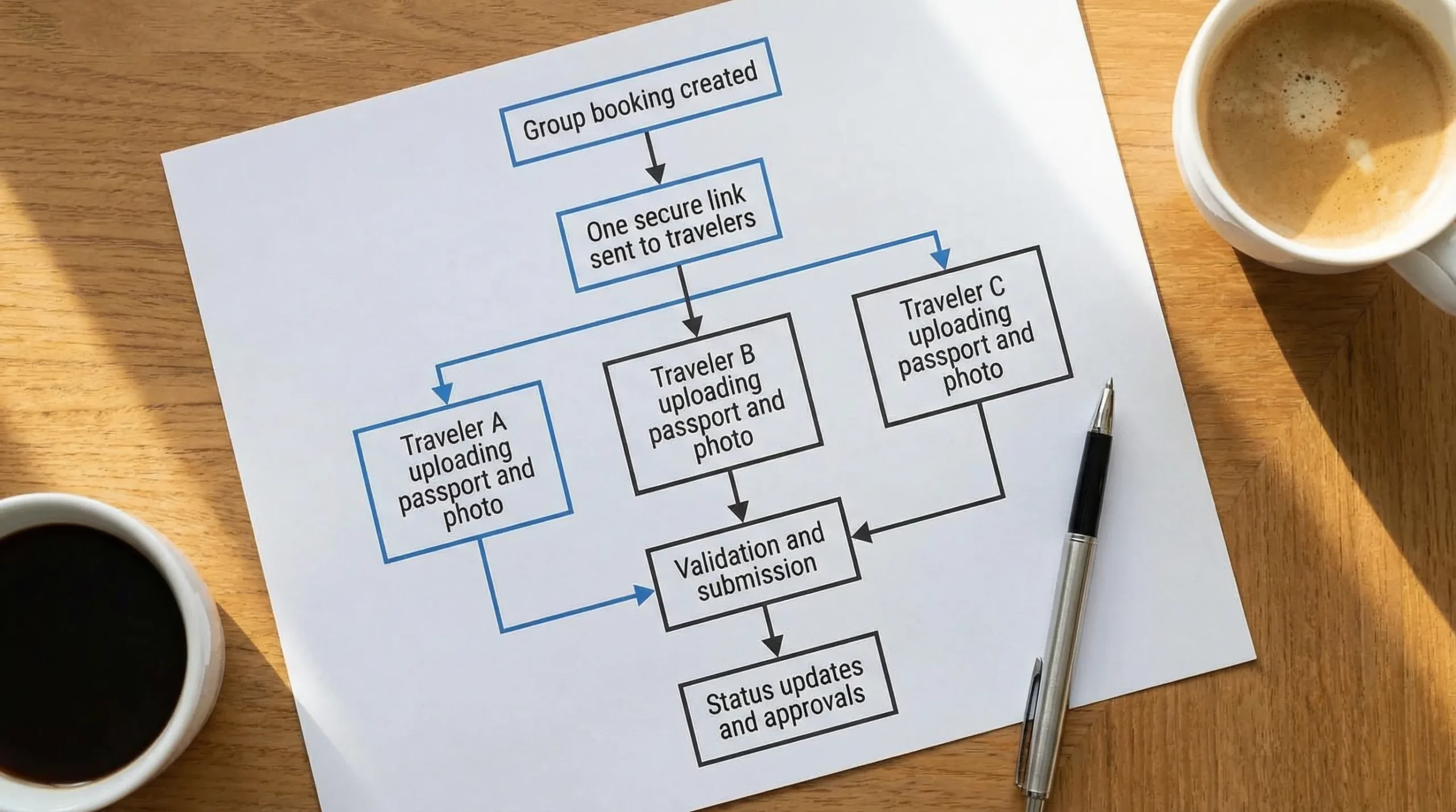 A simple flow diagram showing “Group booking created” leading to “One secure link sent to travelers,” splitting into three parallel lanes for Traveler A, Traveler B, Traveler C uploading passport and photo, then merging into “Validation and submission,” ending with “Status updates and approvals.”