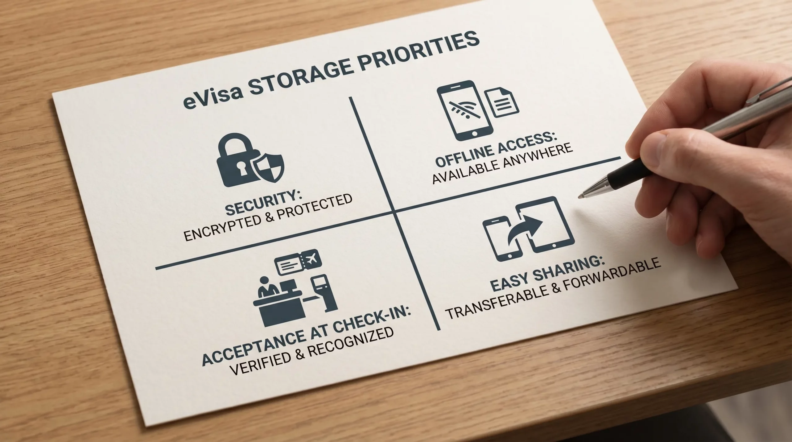 A simple four-part diagram comparing eVisa storage priorities, showing icons for security, offline access, acceptance at check-in, and easy sharing, arranged in a clean grid.