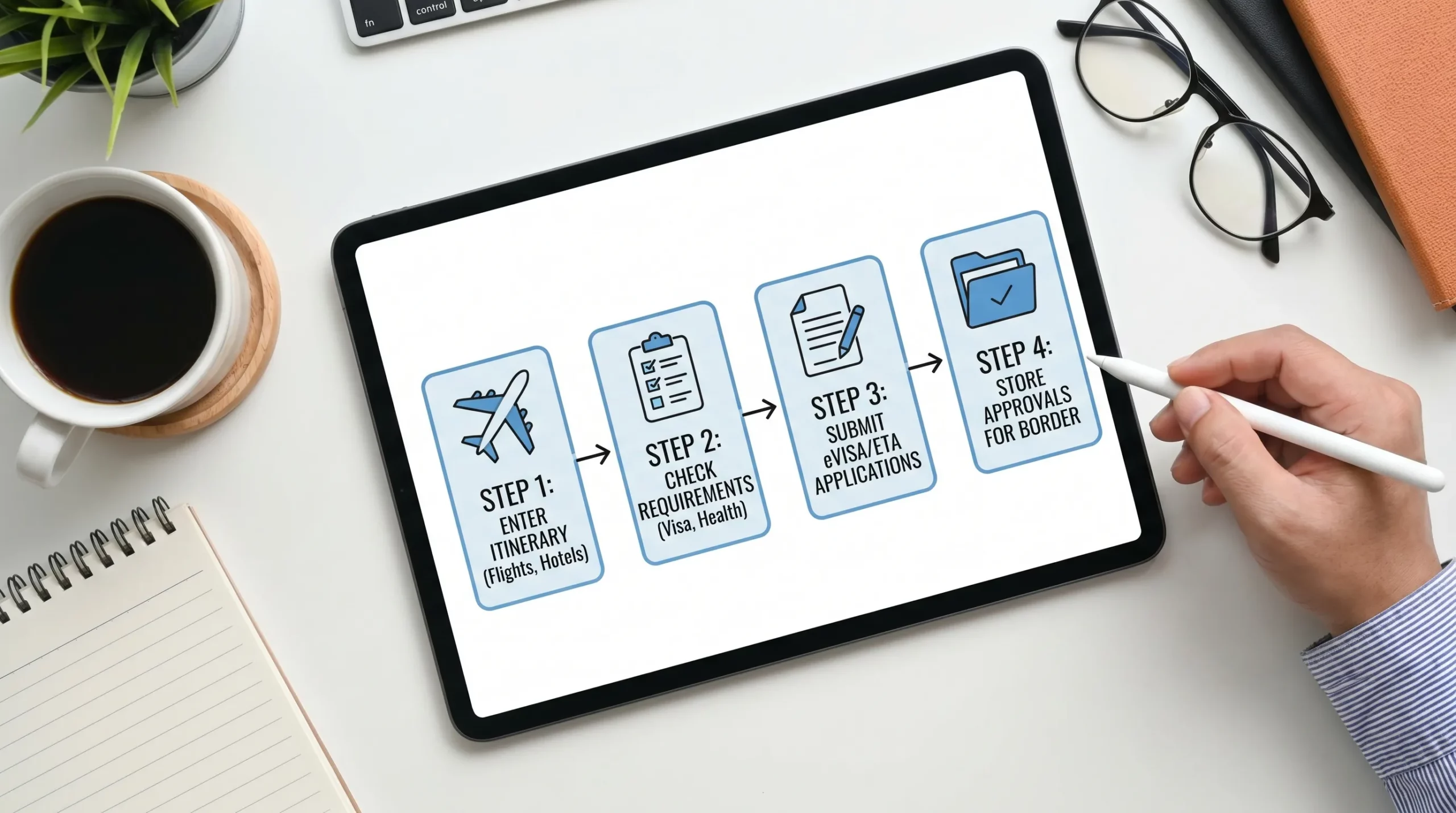 A simple four-step diagram showing a multi-country trip workflow: itinerary entered, requirements checked, eVisa/ETA applications submitted, approvals stored for border crossing.