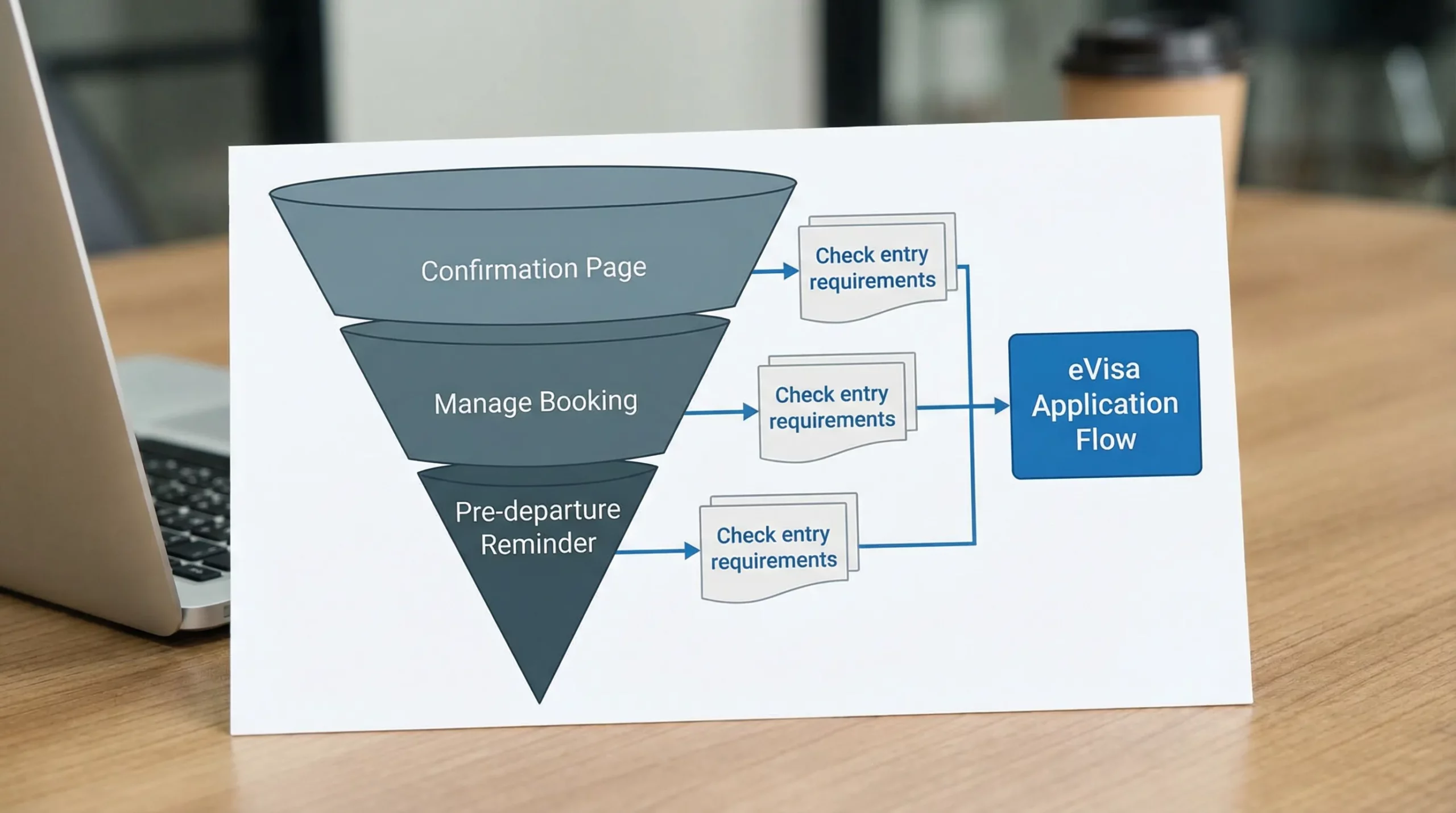 A simple funnel diagram showing an OTA booking journey with three touchpoints: confirmation page, manage booking, and pre-departure reminder. Each touchpoint shows a small “Check entry requirements” card leading to an eVisa application flow.