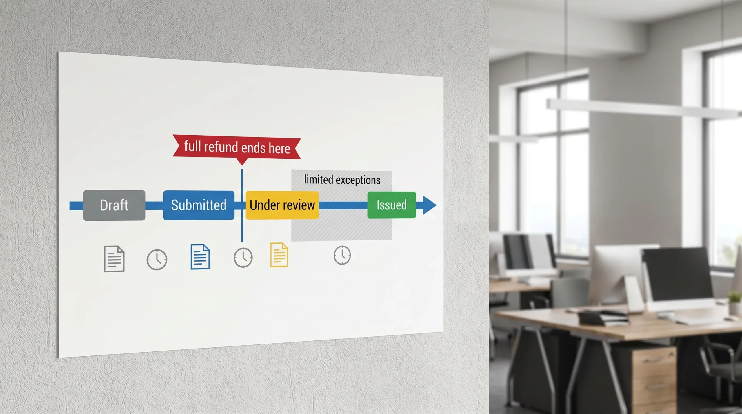 A simple horizontal timeline diagram showing eVisa statuses from Draft to Issued, with a highlighted cutoff point at “Submitted” labeled “full refund ends here,” and a second shaded zone after “Under review” labeled “limited exceptions.”