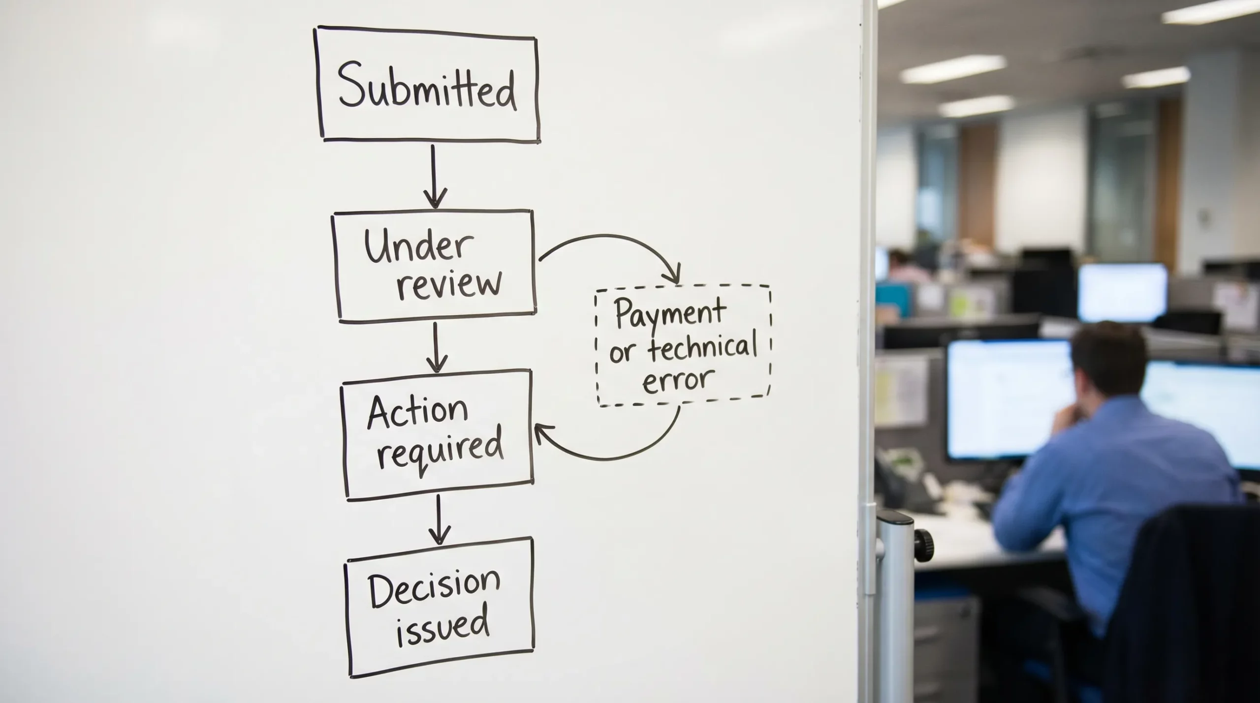 A simple status decision flow diagram with four boxes: Submitted, Under review, Action required, Decision issued, connected by arrows and a side branch for payment or technical errors.