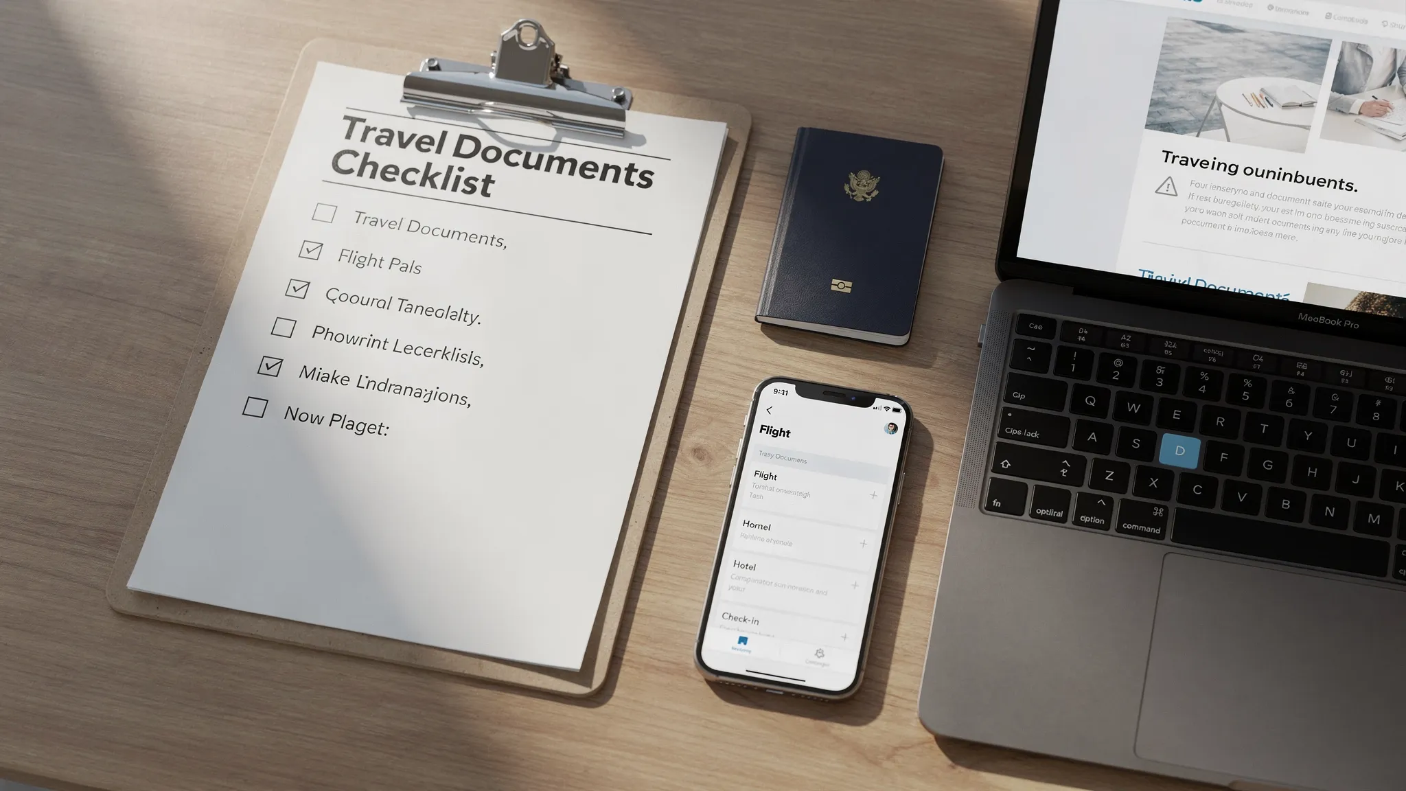 A simple visual checklist on a clipboard next to a passport, a smartphone showing a travel itinerary (screen facing the viewer), and a laptop on a desk, conveying fast travel document preparation.