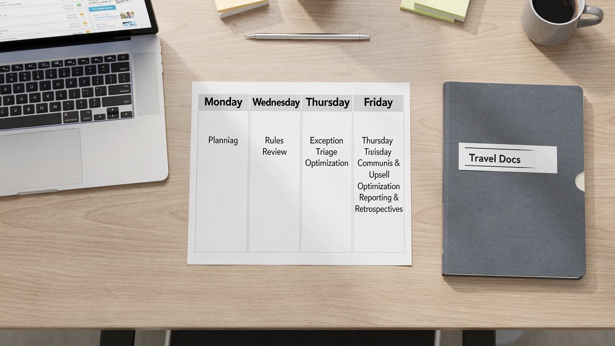 A simple weekly calendar view for a tour operator visa operations team, showing Monday planning, Tuesday rules review, Wednesday exception triage, Thursday communications and upsell optimization, and Friday reporting and retrospectives. The calendar is printed on paper next to a laptop and a folder labeled “Travel Docs”.