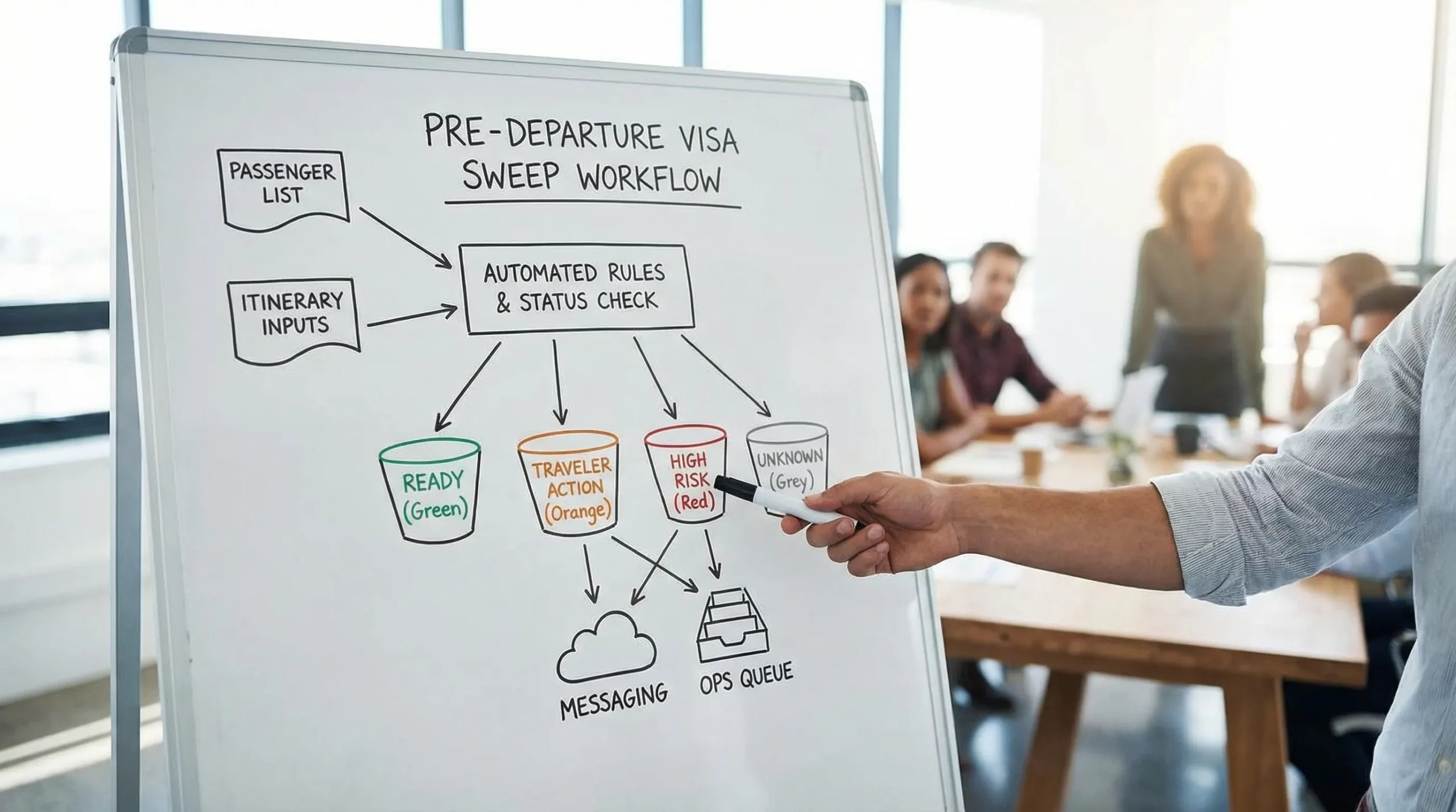 A simple workflow diagram showing a pre-departure visa sweep: passenger list and itinerary inputs go into an automated rules and status check, which outputs four buckets (Ready, Traveler action, High risk, Unknown) and triggers messaging plus an ops queue.